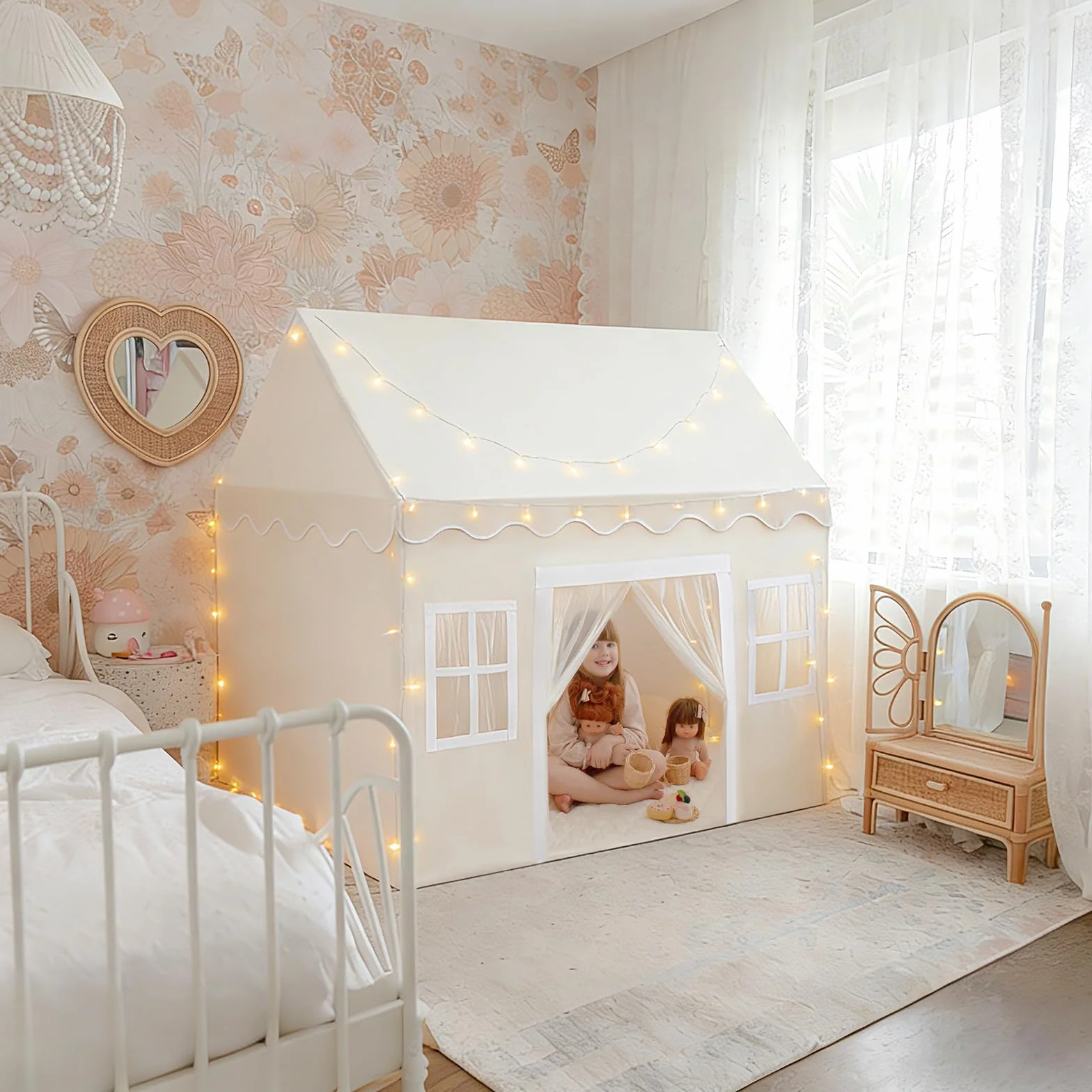 Tiny Land Tente de Jeu pour Enfants avec Tapis et Lumières de Chaîne 4m, Cabane Enfant Intérieur Extérieur, Château Princesse 133x90x136 cm