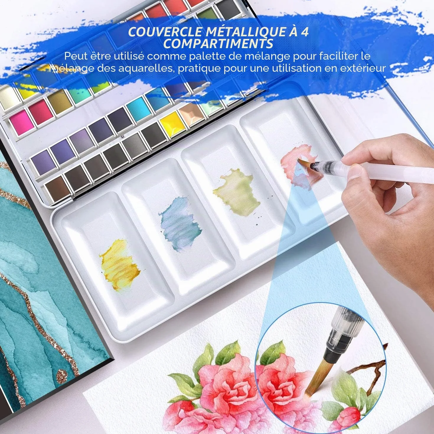 RATEL Ensemble de Peinture à l'Eau Aquarelle 48 Couleurs avec Pinceaux et Papier
