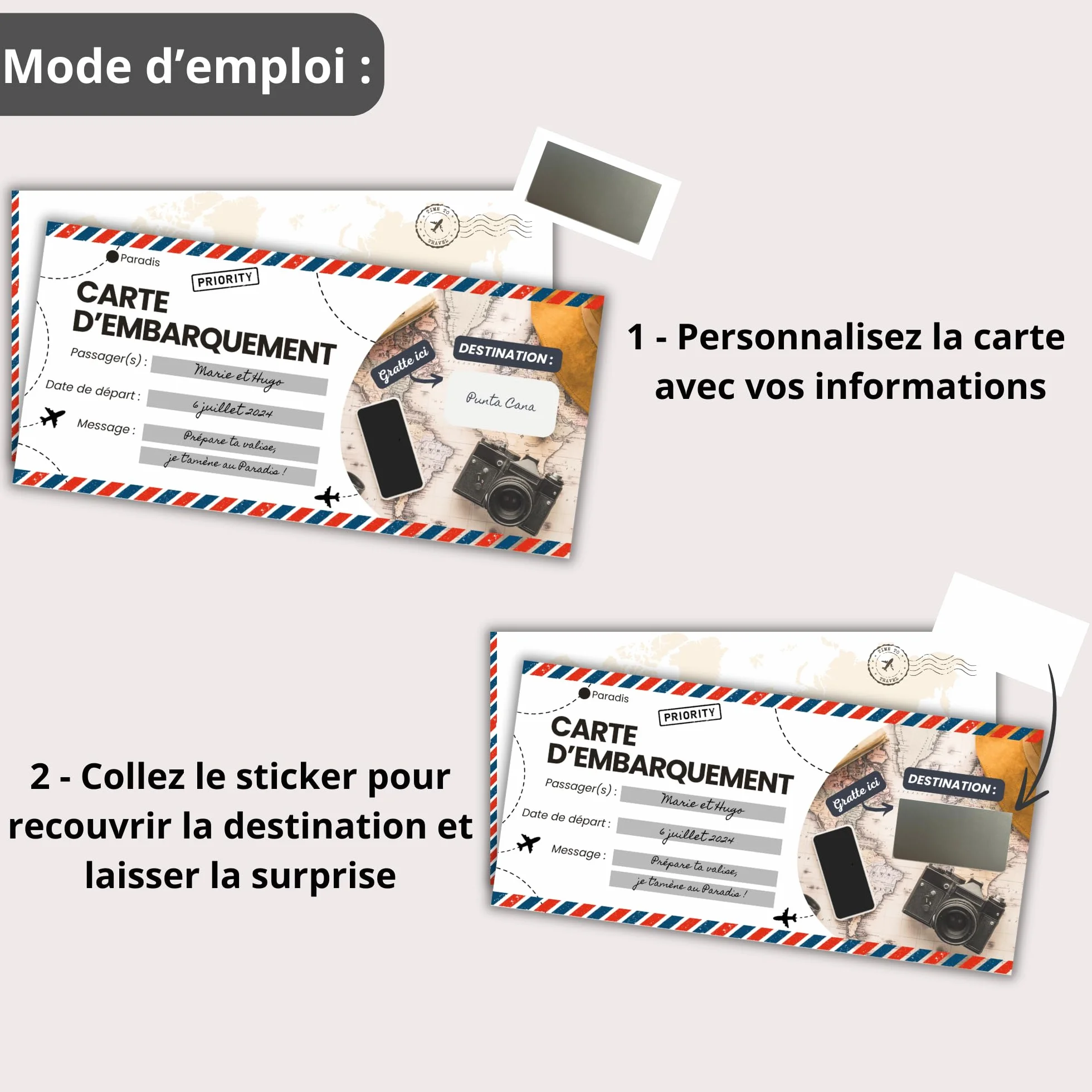 Carte à Gratter Voyage Surprise Personnalisable en Français - Billet d'Avion Annonce Cadeau Anniversaire Noël EVJF EVG - Pack de 2