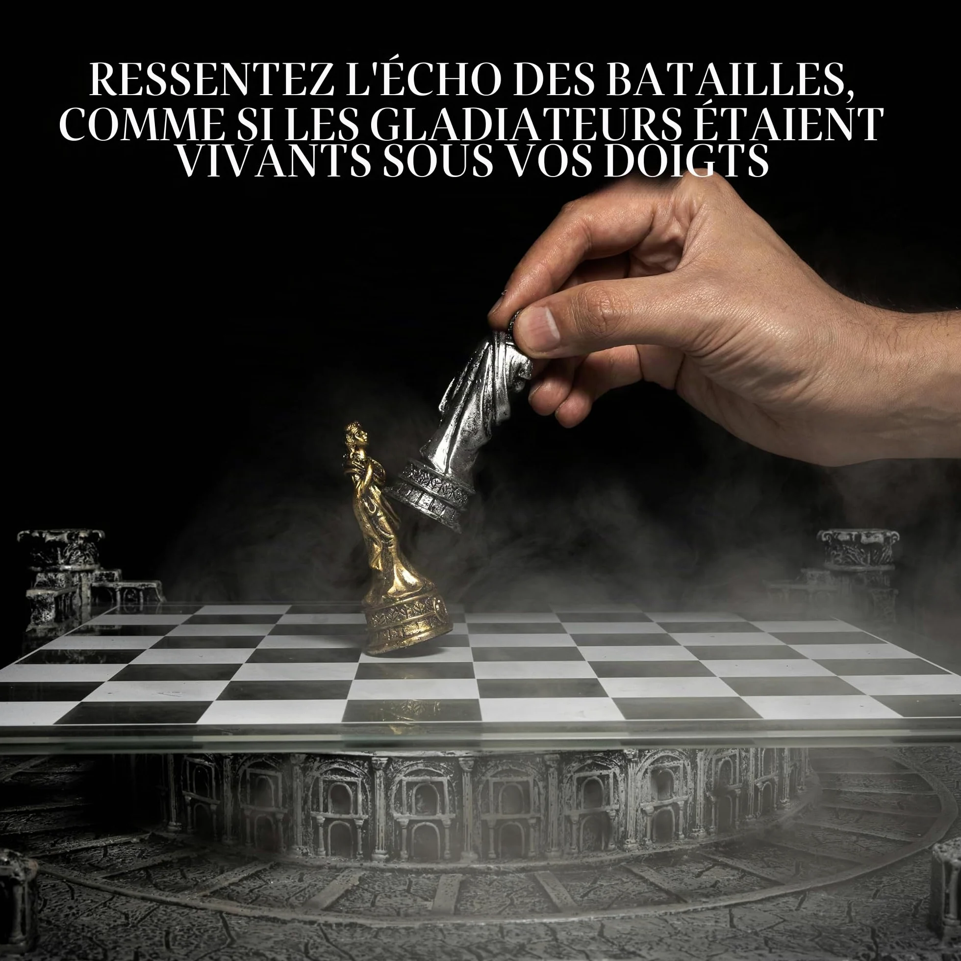Échiquier Professionnel Rome Antique 40x40 cm avec Base Céramique | Plateau en Verre et Pièces d'Échecs en Résine Or et Argent - Jeu de Société Colisée et Empire Romain - Idée Cadeau