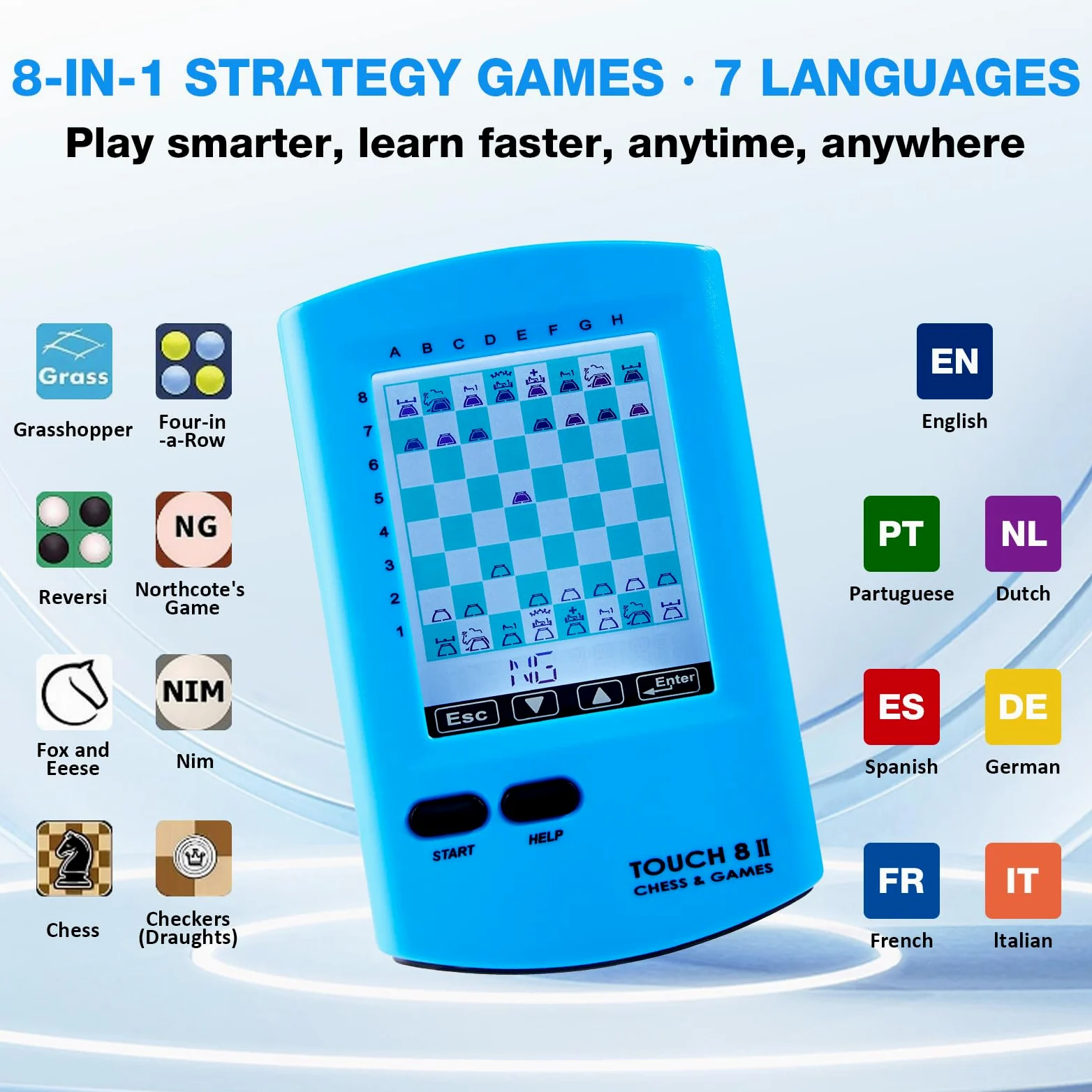Échiquier électronique portable, ordinateur d'échecs tactile 8 en 1 avec entraînement IA, écran HD de 7,4 cm, jeu d'échecs de voyage portable pour enfants et adultes, plus de 220 jeux de