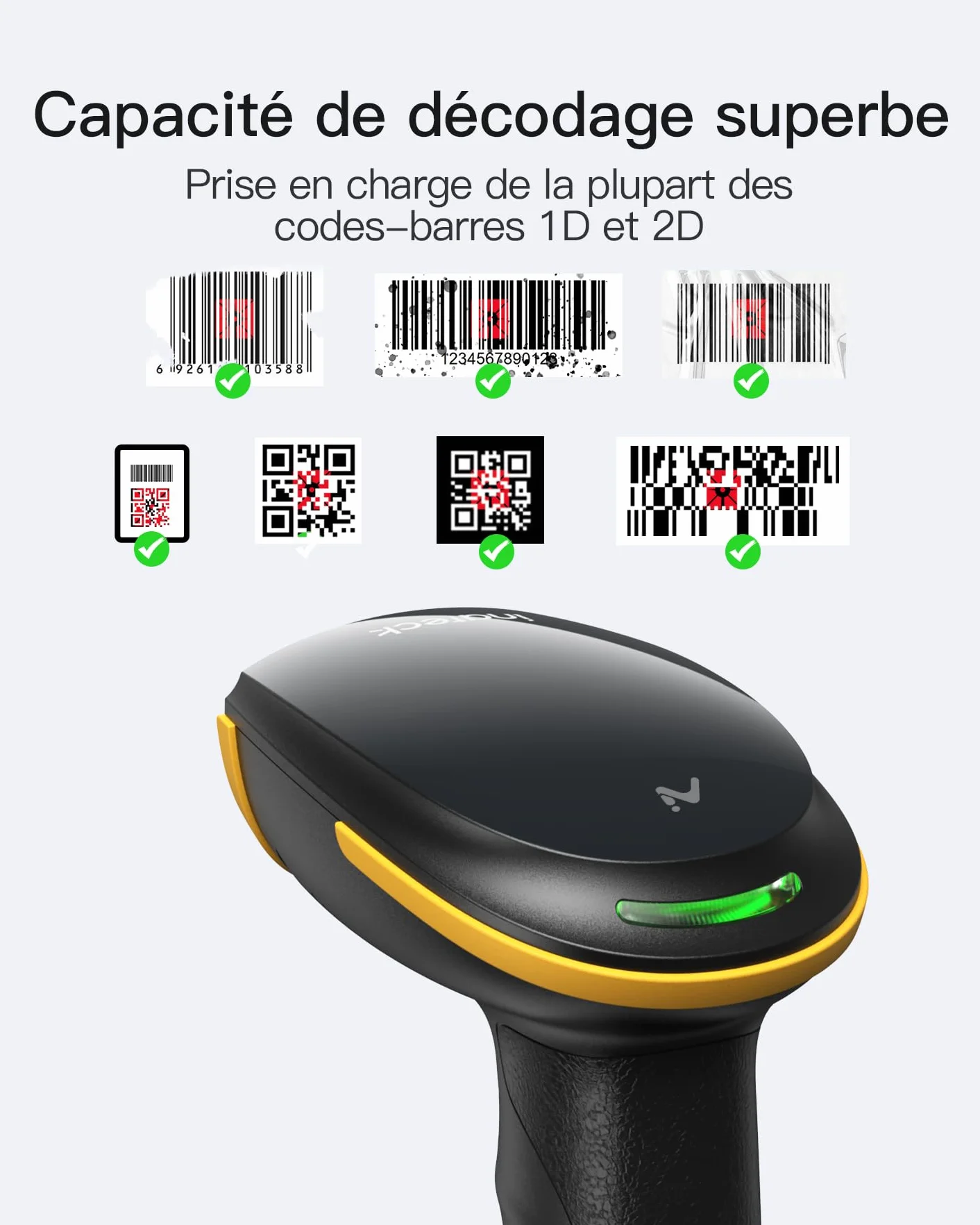 Inateck Scanner de Codes-Barres Bluetooth 2D sans Fil, QR Code 2D avec Batterie 2600 mAh et Base de Charge, BCST-36