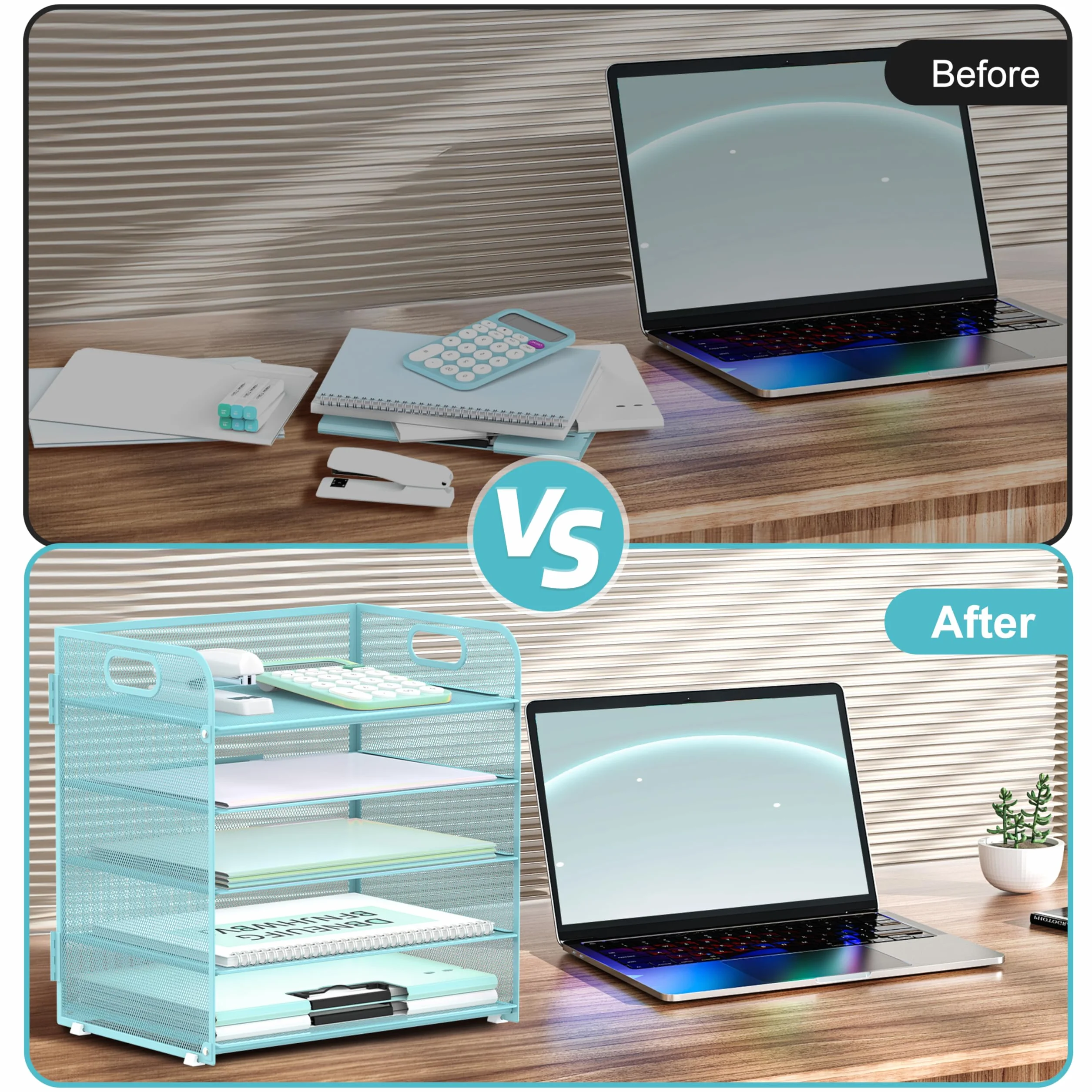 Lot de 5 plateaux de rangement en papier avec poignée en maille bleu clair pour bureau