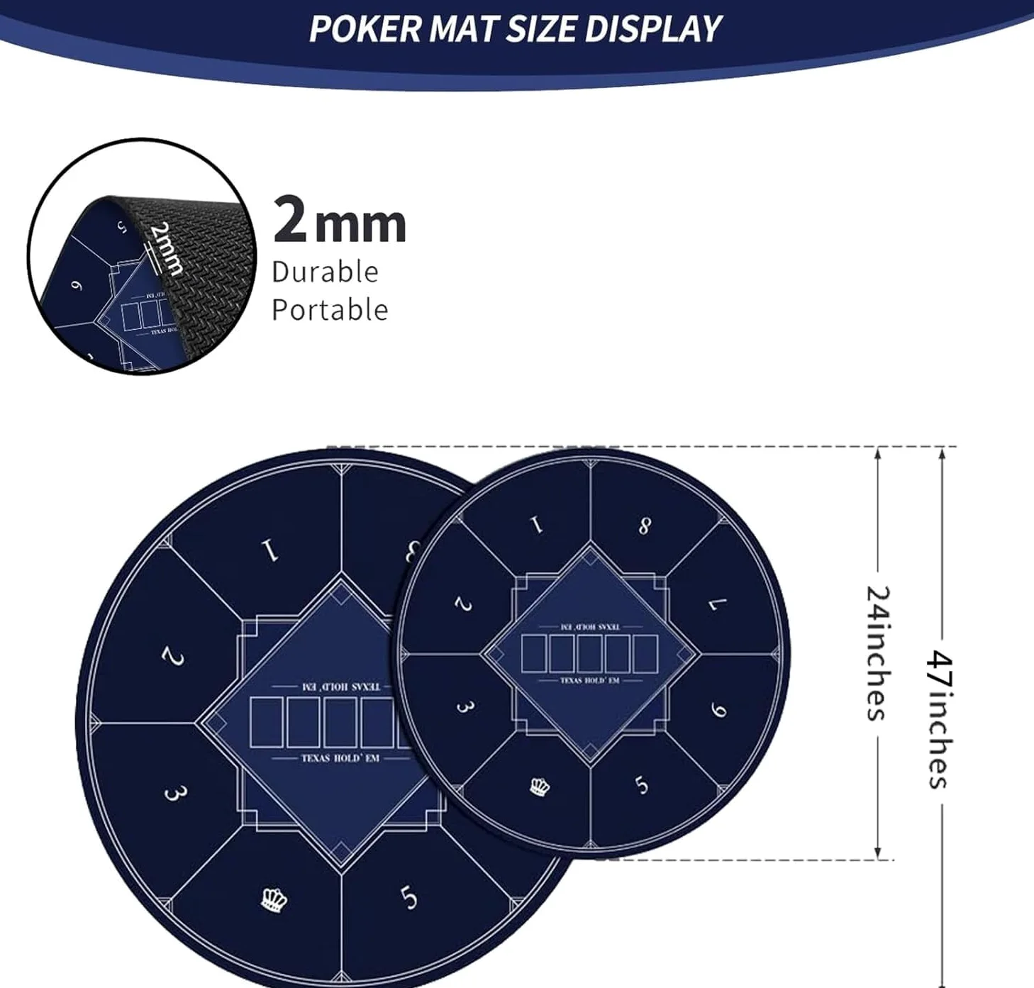 Tapis de Poker - Tapis de Jeu de Cartes Pliable for Table, Tapis de Poker Rond Portable for Texas Holdem, Table de Poker Pliable for 8 Joueurs avec Tapis imprimé Art déco(Blu,L)