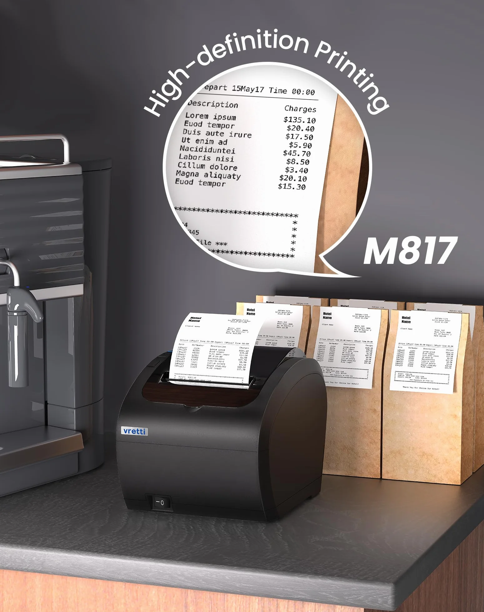 vretti Imprimante de Reçus Thermique 80mm, POS Imprimante Ticket de Caisse avec Support de Coupe Automatique, USB+LAN+Serial