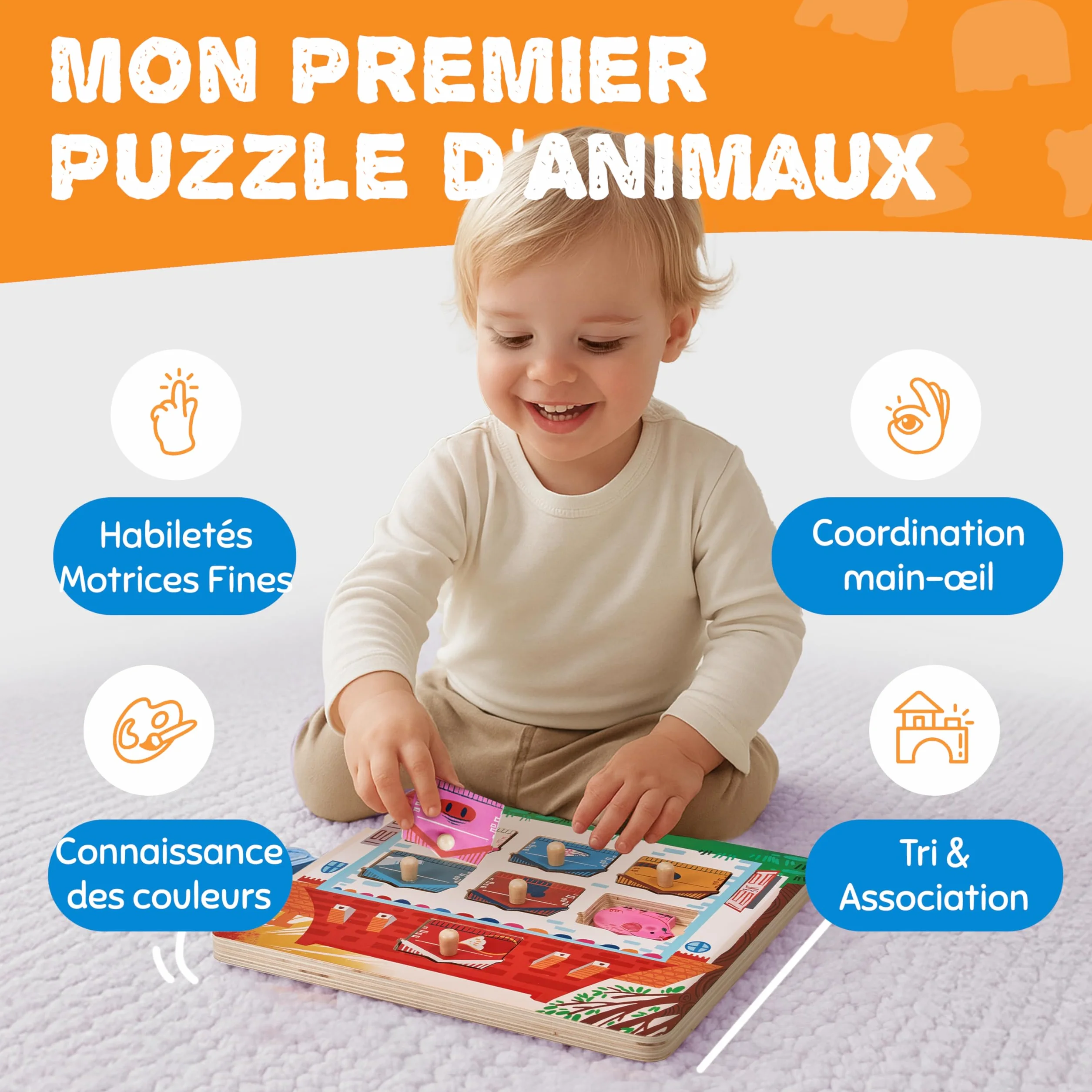 JoyCat Puzzle Bois Enfant 1 An Montessori Jouet Éducatif Animaux 7 Pièces Cadeau Anniversaire