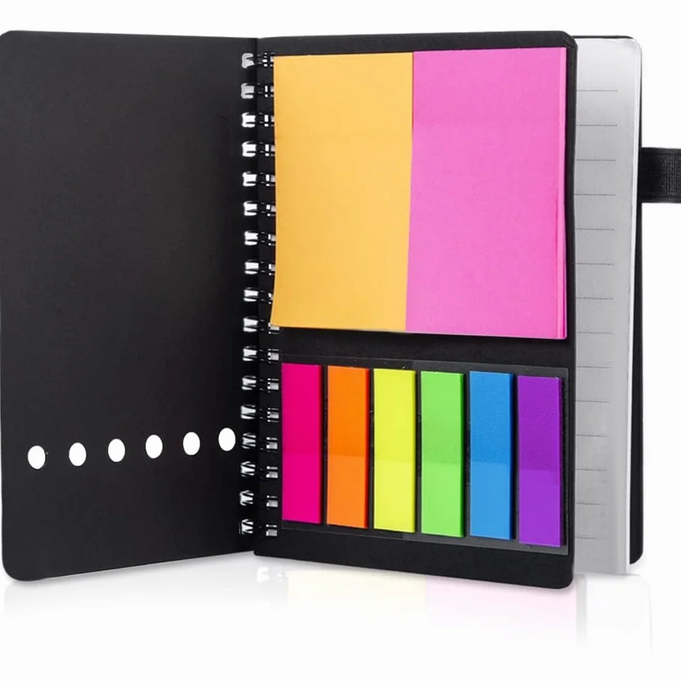 AGPTEK Carnet à Spirale avec Notes Colorées, Bloc Note Couverture Kraft, Cahier Spirale avec Porte-Stylo, Notes Autocollantes pour Étude et Bureau Noir