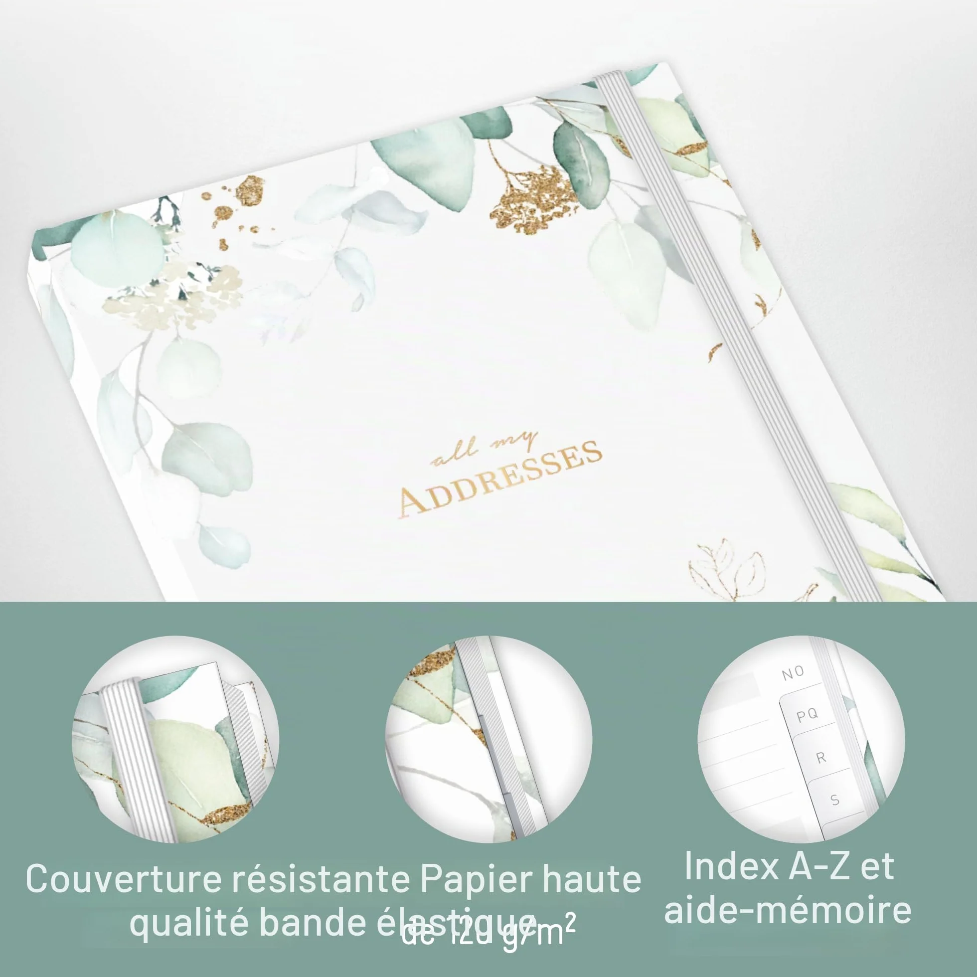 Carnet d'adresses A5 avec onglet A-Z Feuille d'or - durable et respectueux du climat