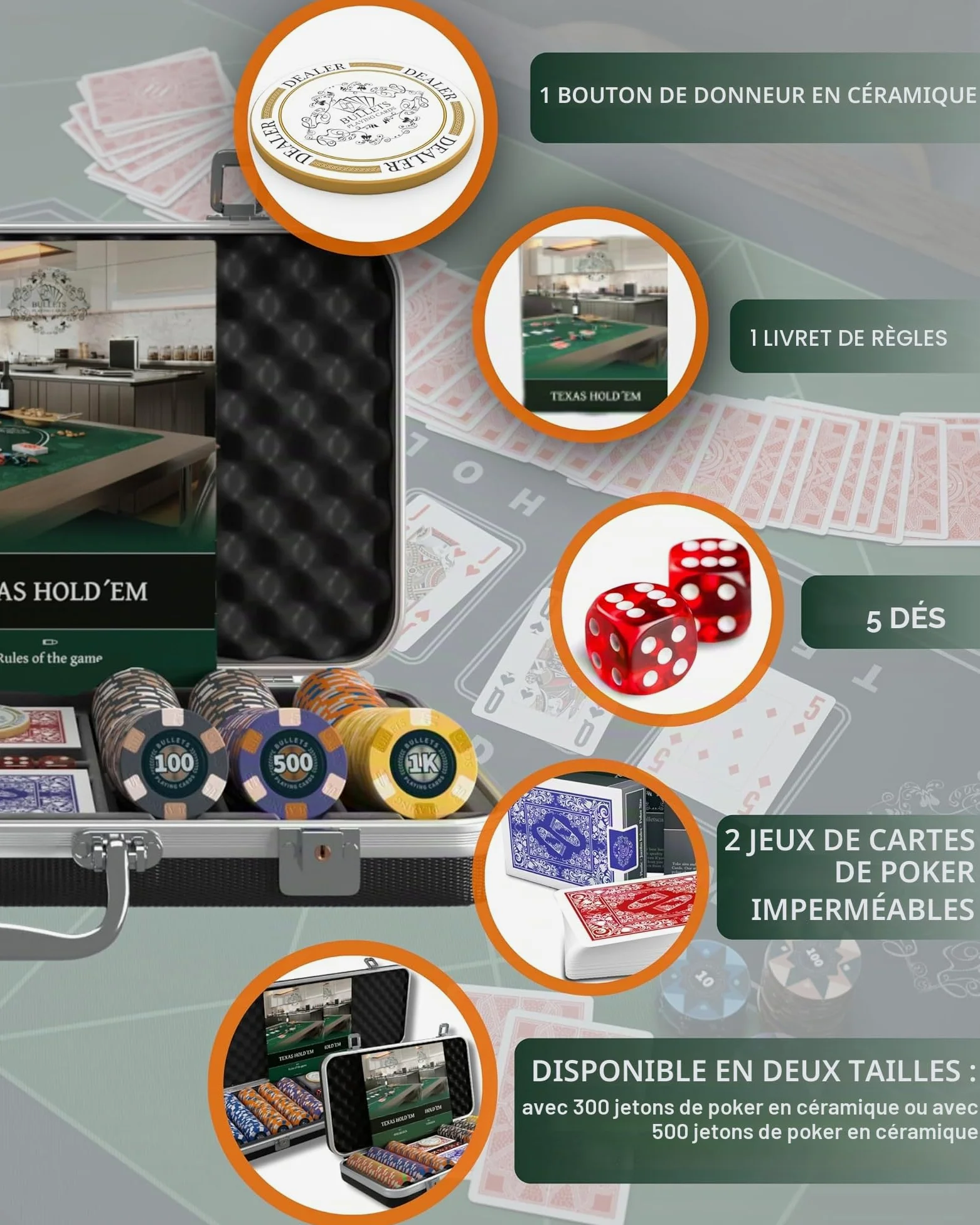Bullets Playing Cards | Mallette de Poker 300 Jetons Céramique – Coffret Complet avec Cartes, dés et Bouton Dealer ─ Design Richie