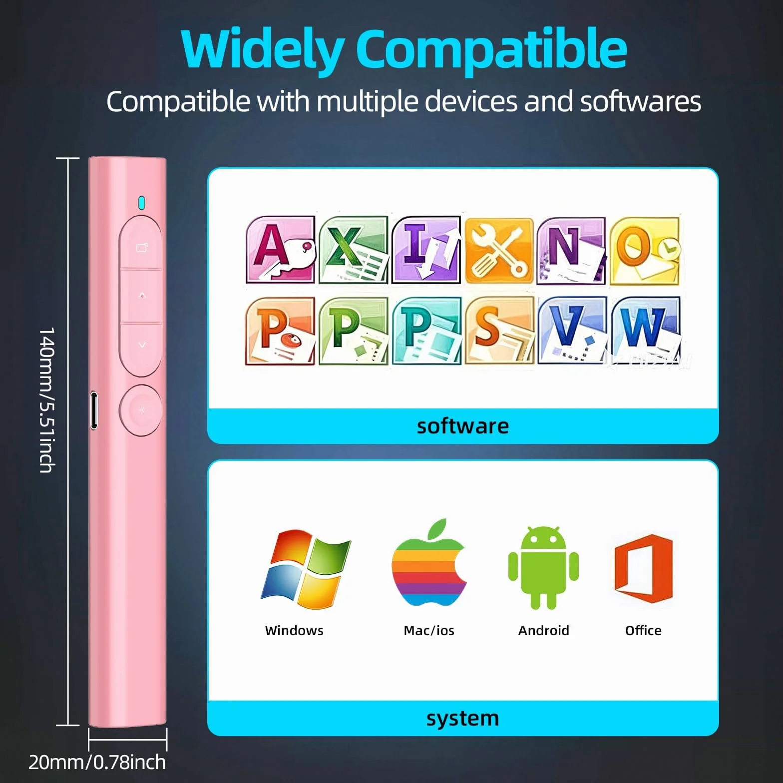 Télécommande Présentation Sans Fil Rechargeable avec Hyperlien & Contrôle Volume, Compatible Mac PC Ordinateurs Portables (Rose)