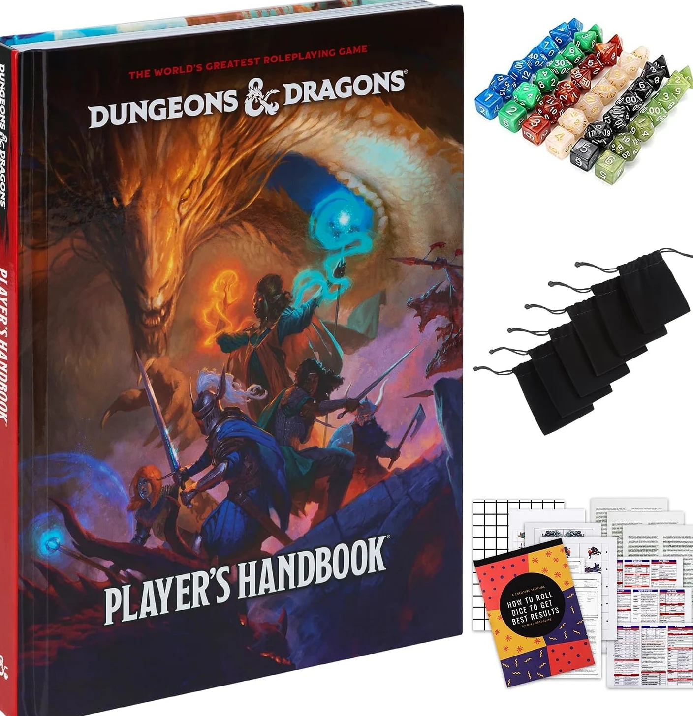 Donjons et Dragons Boîte d’initiation, kit de démarrage jeu de société DND 5e édition pour débutant avec 6 jeux de dés, sacs en flanelle, figurines, héros, écran maître, contenu imprimable