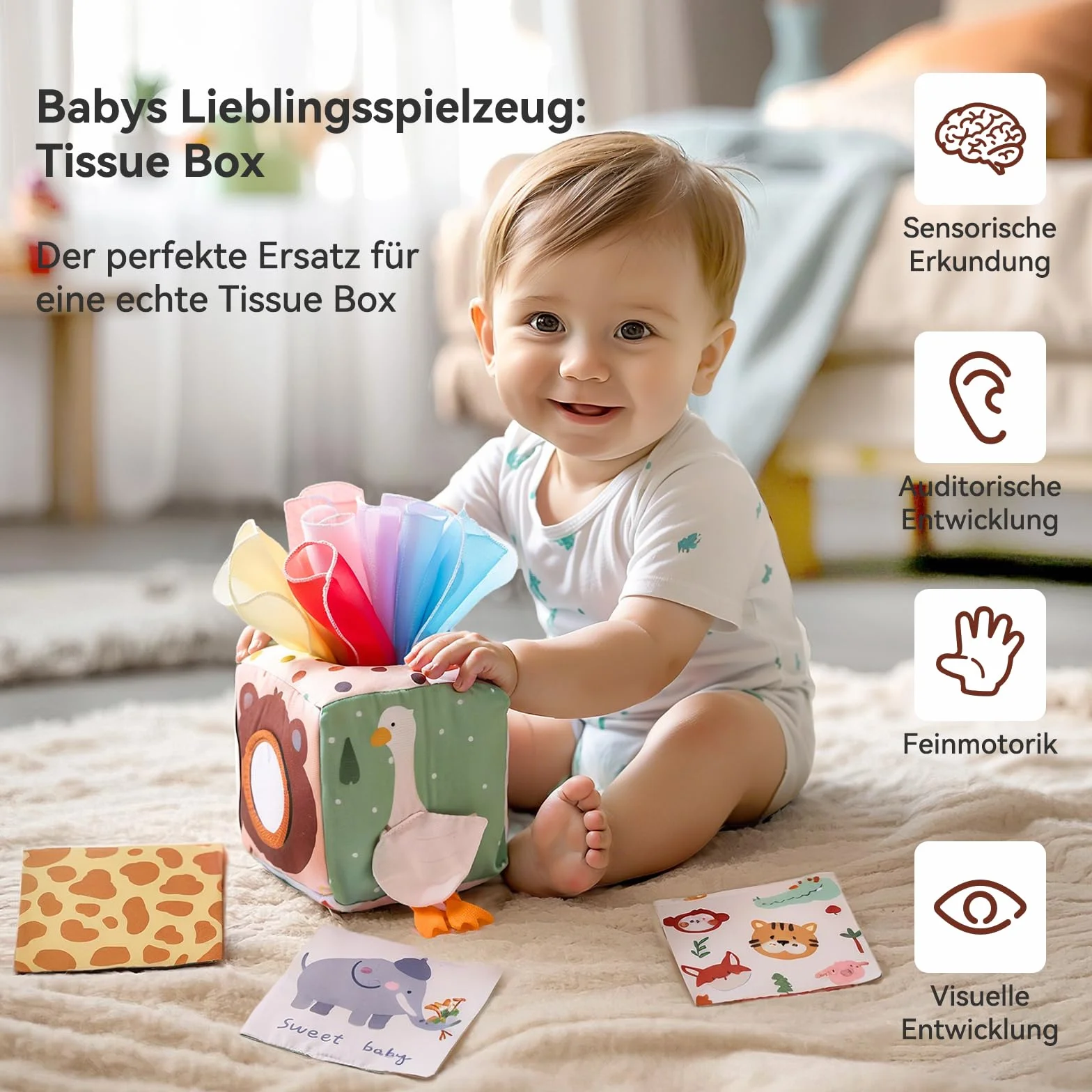 Boîte à Mouchoirs Sensorielle Montessori pour Bébé 0-12 Mois avec Miroir et Foulards