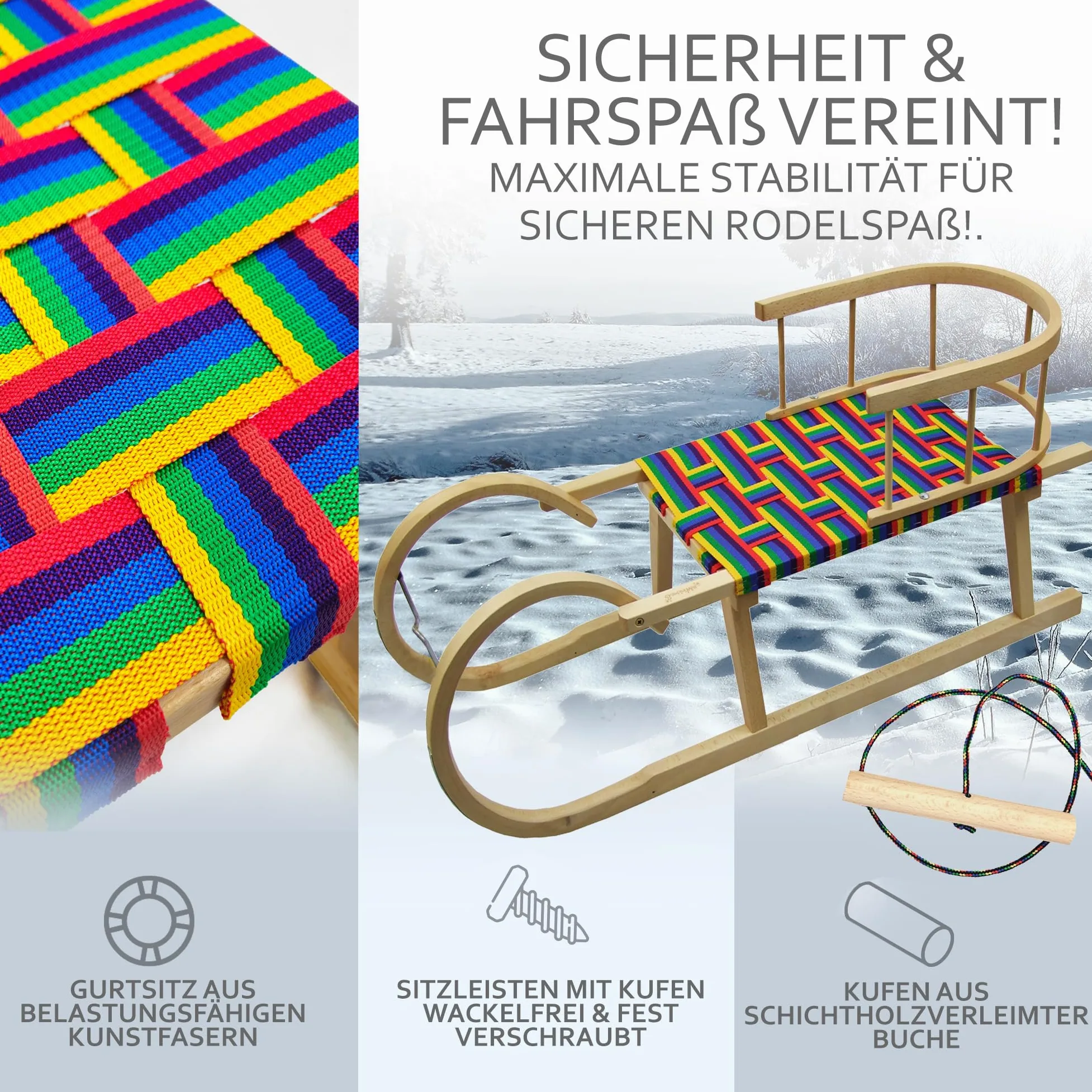 Luge à cornes [Luge à cornes en bois] avec dossier, corde de traction, ferrures de patins en acier léger, 100 cm, en bois de hêtre, avec siège de sangle, fibres synthétiques avec dossier, pour 2