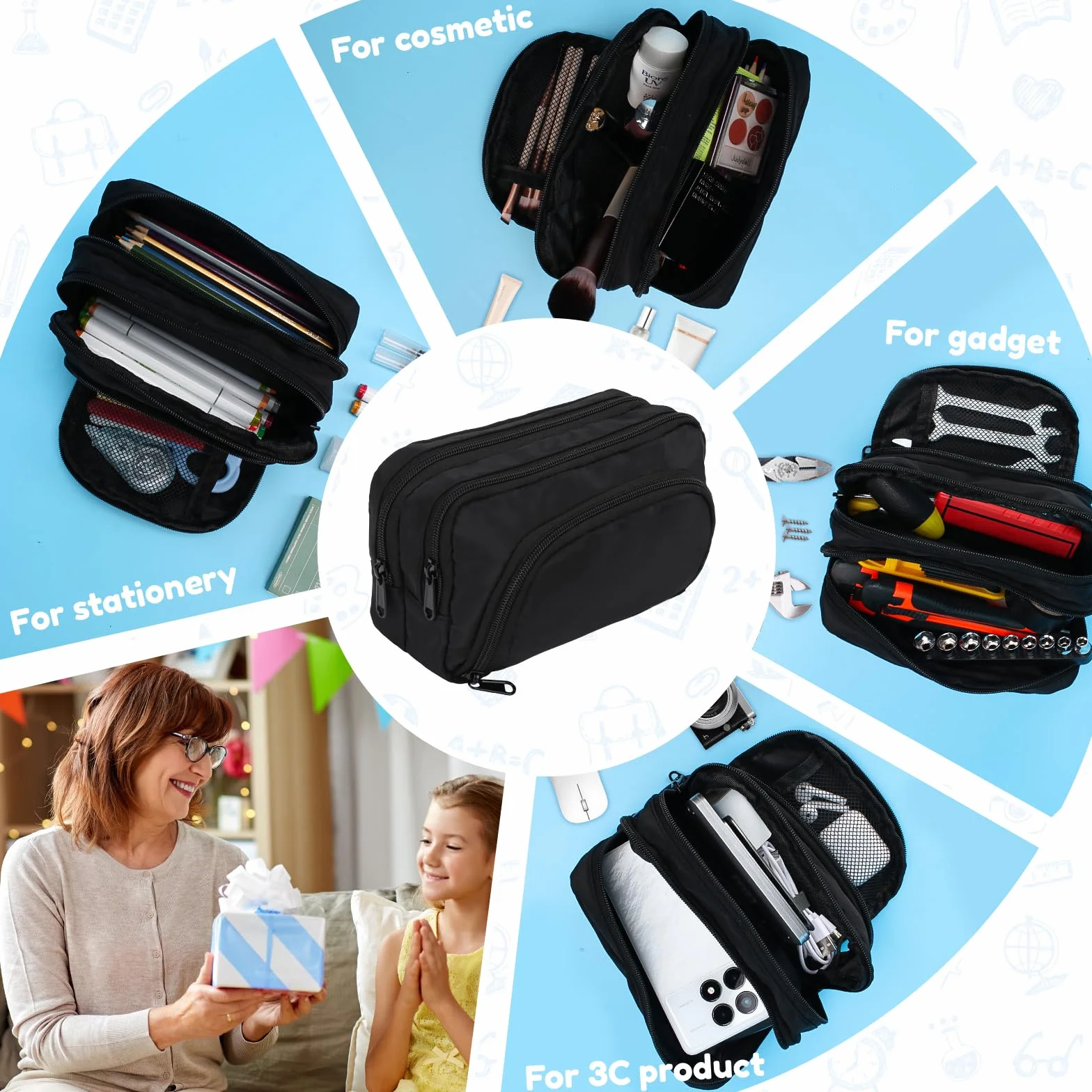 Euqvunn Trousse Crayons Grande Capacité 3 Compartiments Sac de Papeterie Organisateur Fourniture Scolaire Bureau