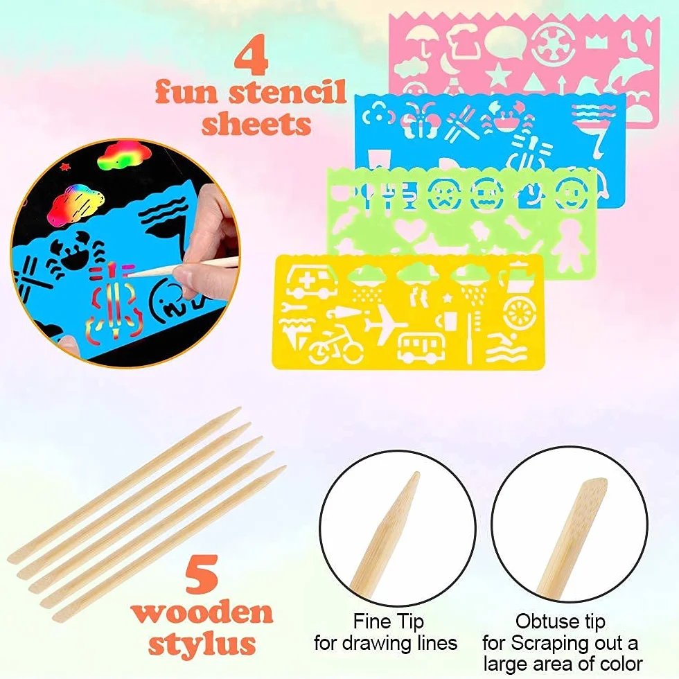 Mocoosy Papier Gratter pour Enfants 60pcs Feuilles Arc-en-Ciel avec Pochoirs et Stylets