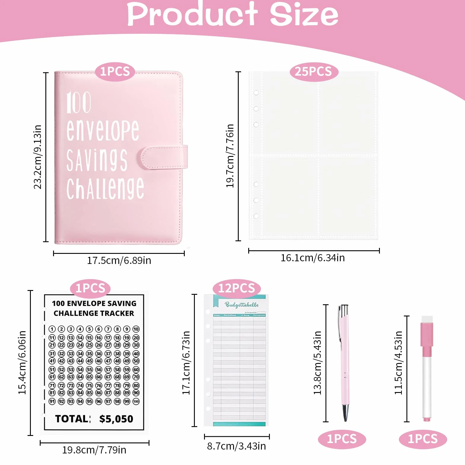 Classeur de Défi 100 Enveloppes A5 Budget Cahier avec Stylo Feuilles Rose