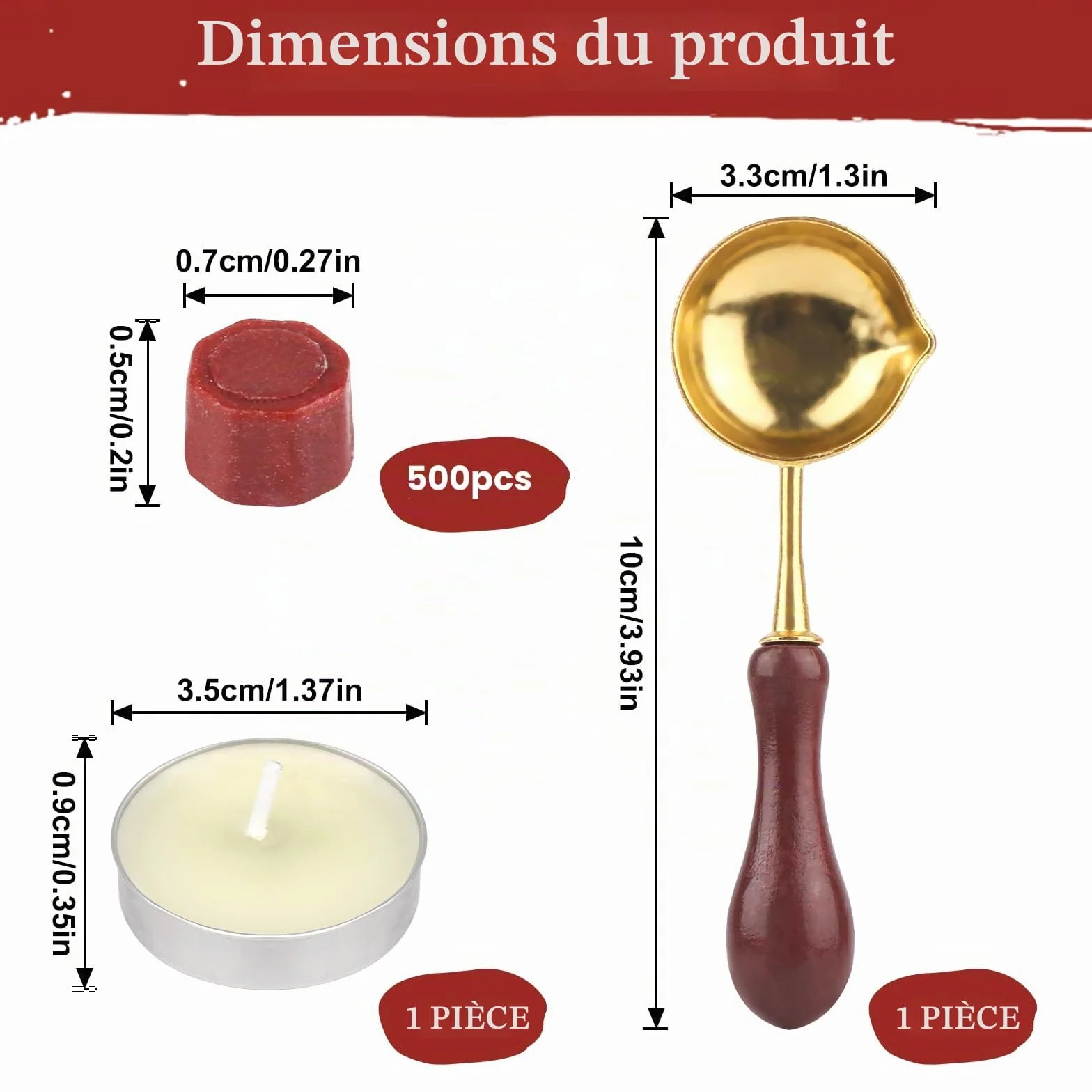 Kit de Sceau de Cire Octogonal Rouge avec 500 Perles de Cire et Cuillère à Fondre