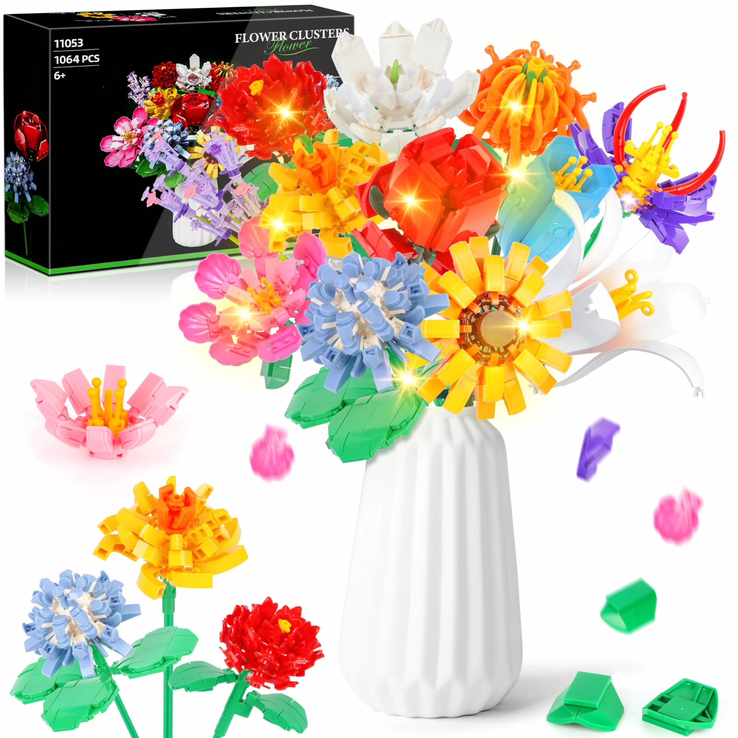 Kit de Construction Bouquet de Fleurs Charmofun, 1064PCS LED Blocs de Fleurs, 12 Types de Bouquets, Cadeau Fête des Mères Anniversaire Noël