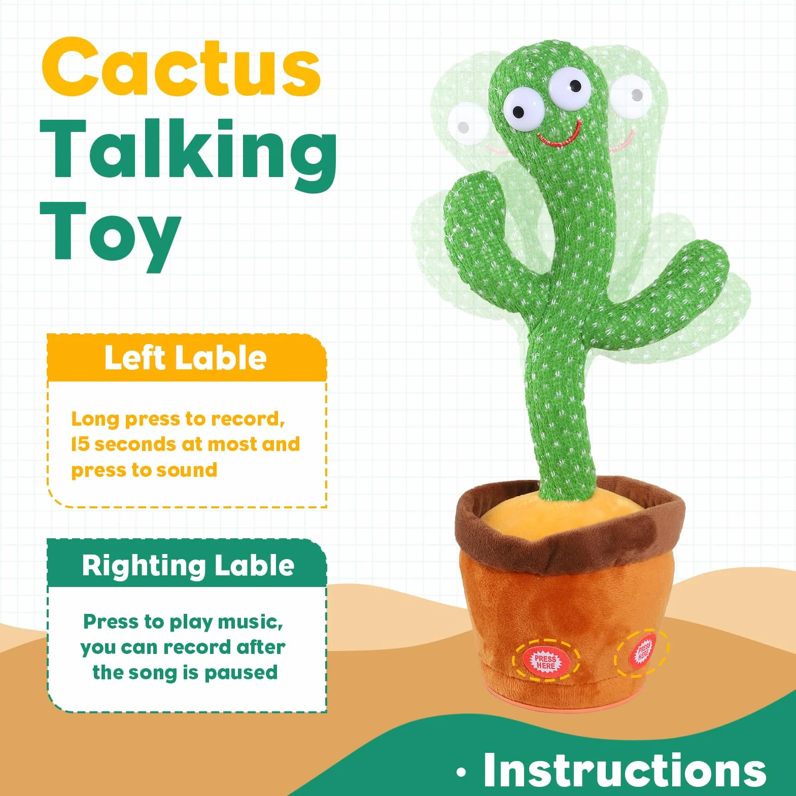 Cactus Dansant Parlant Chante Répète Jouet Bébé Peluche Interactive avec 120 Chansons pour 6 Mois+ Enfants
