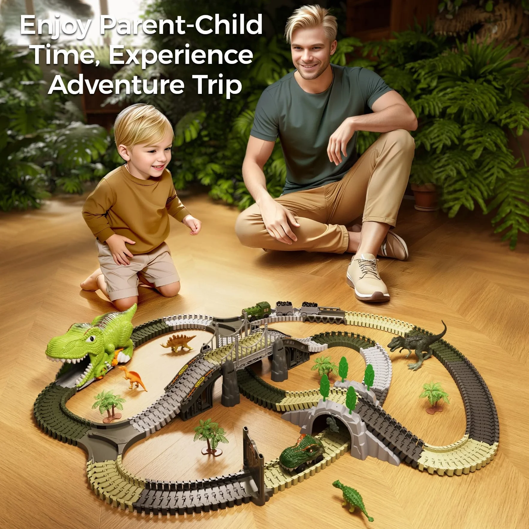 Dinosaure Jouet Piste de Course 281 Pièces Train Dinosaures Cadeau Enfants 3-6 Ans Chemins Fer Flexibles 4 Dinosaures 2 Voitures Course Électriques Lumières