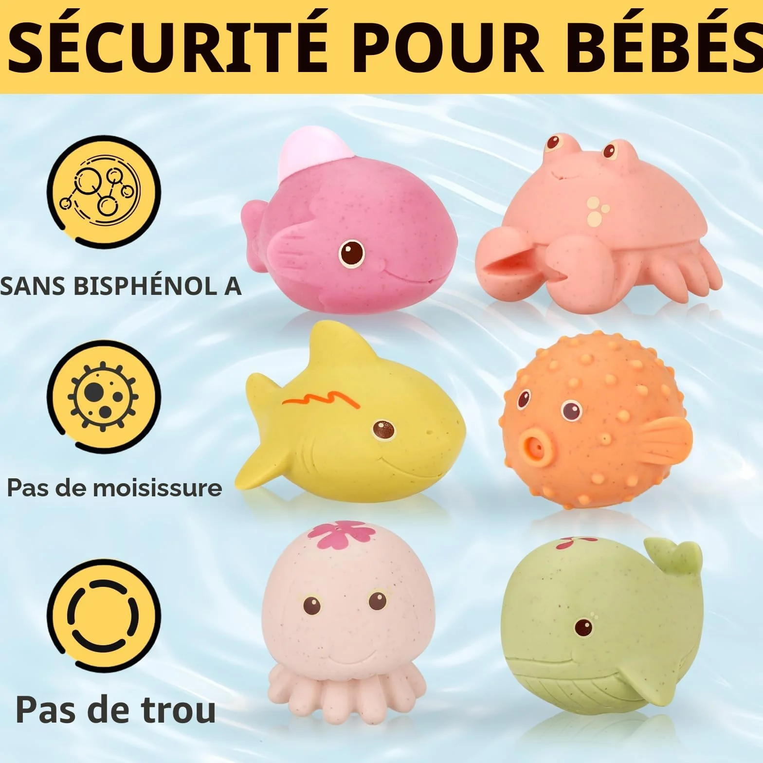 Jouets de Bain Bébé Anti-moisissures Lot de 6 sans Trous Coordinación œil-Main