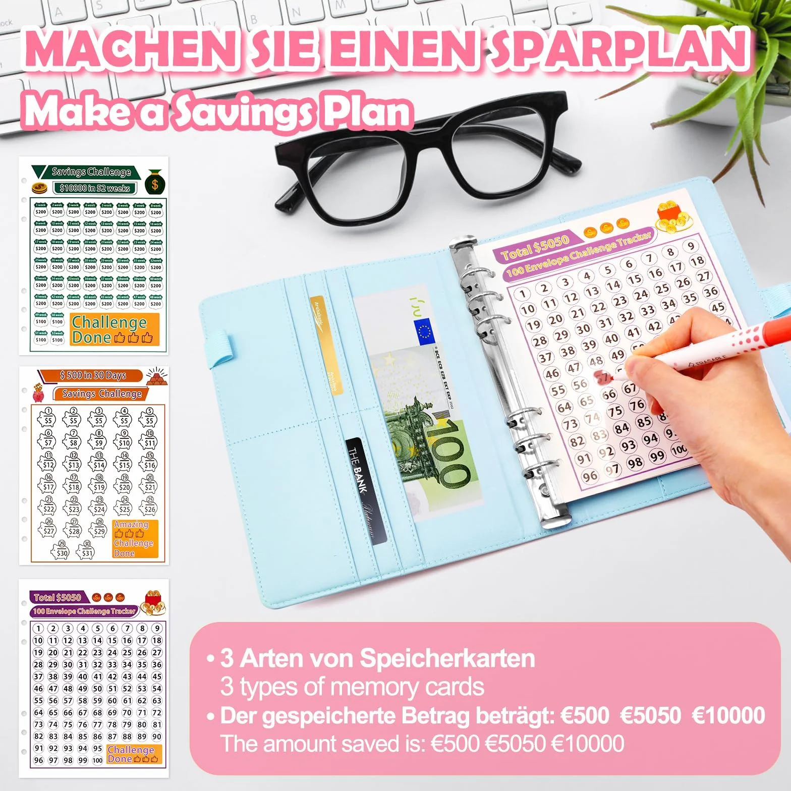 A5 Classeur Budget avec 100 Enveloppes, Planificateur Épargne, Bleu