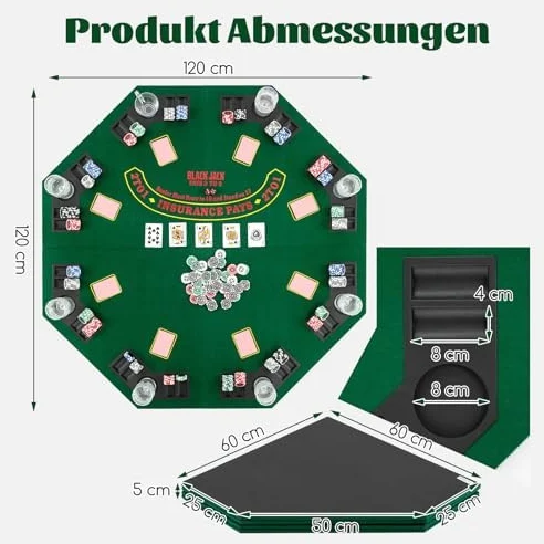 FANTASK Texas Holdem Tapis de Poker 120 x 120 cm Pliable pour 8 Joueurs avec Porte-gobelets, Vert