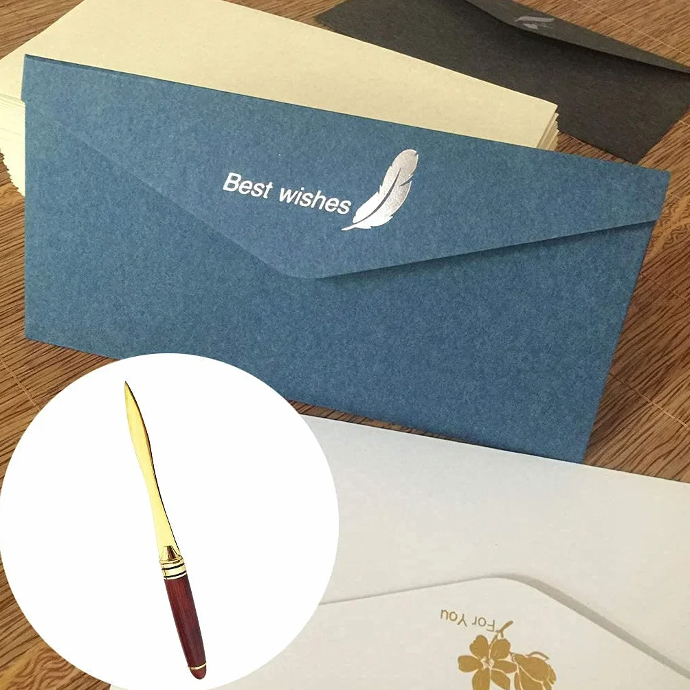 Ouvre-Lettre en Alliage d'Or avec Poignée en Bois Couteau en Acier Inoxydable Cadeau