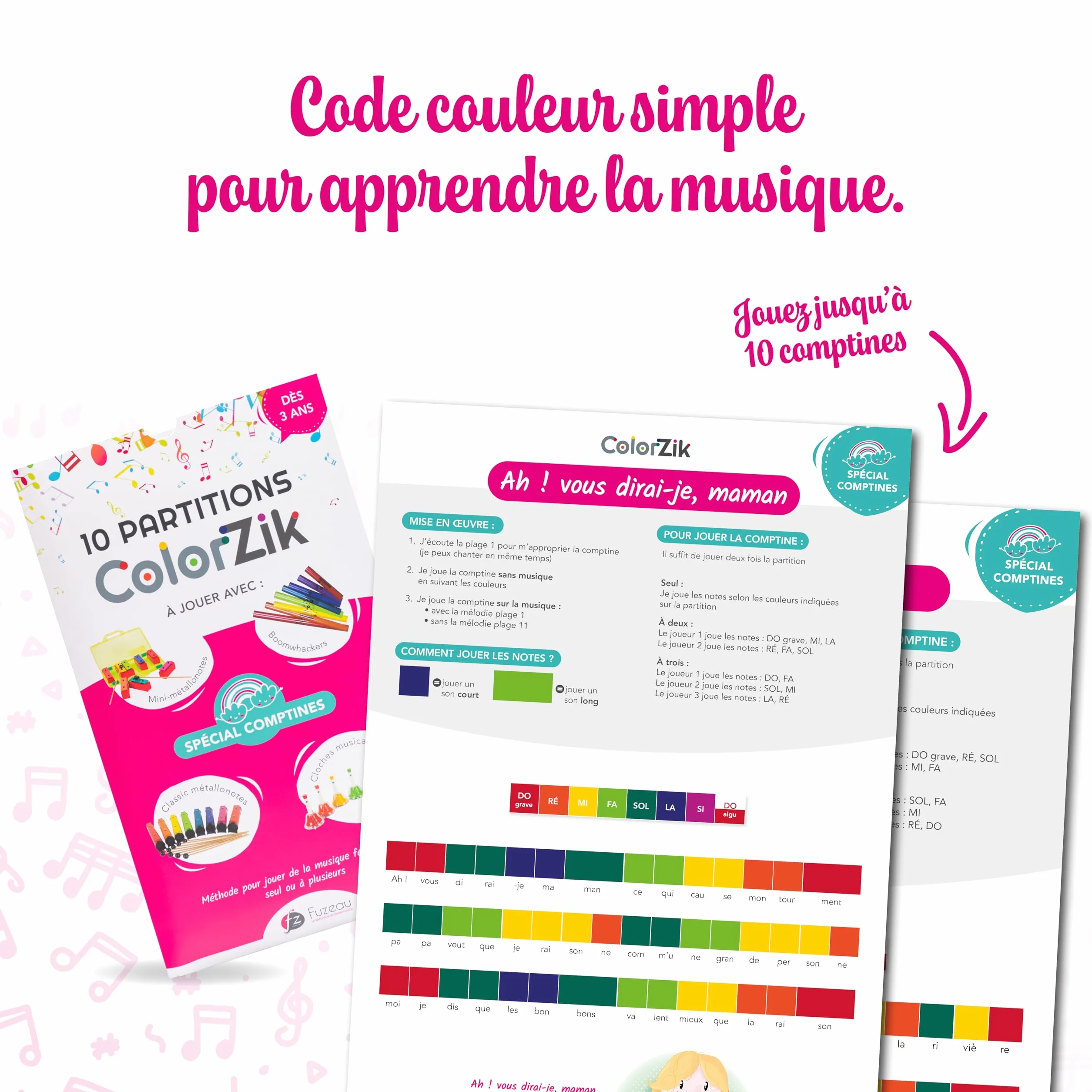 Fuzeau Livret Musical Pédagogique CD Audio Colorzik Comptines 10 Partitions Codées en Couleurs Paroles Incluses dès 3 Ans Méthode Intuitive