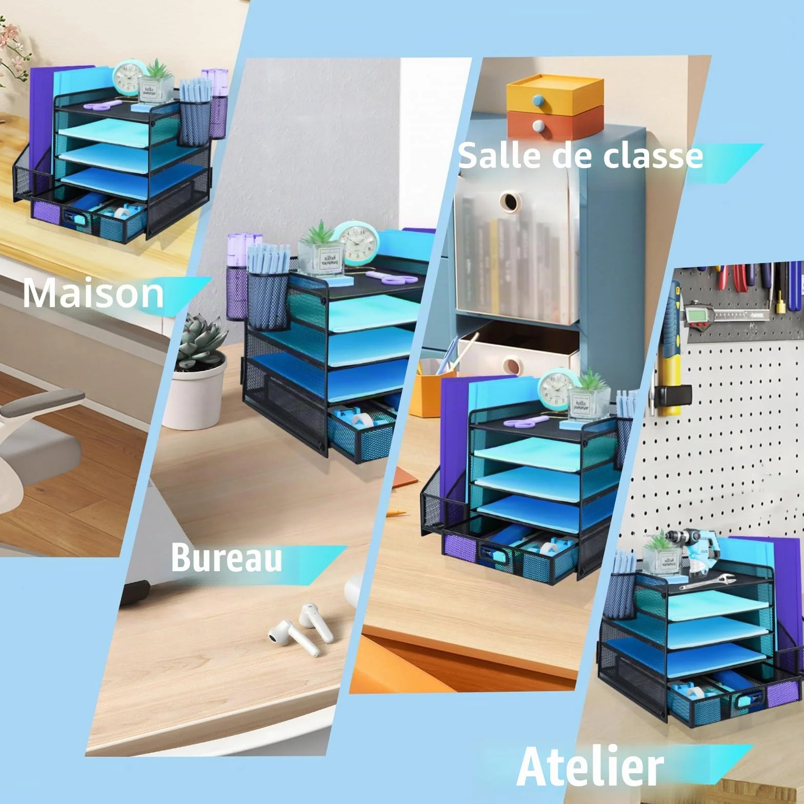 Organisateur de bureau noir avec porte-documents, porte-stylos et bac à lettres 5 niveaux