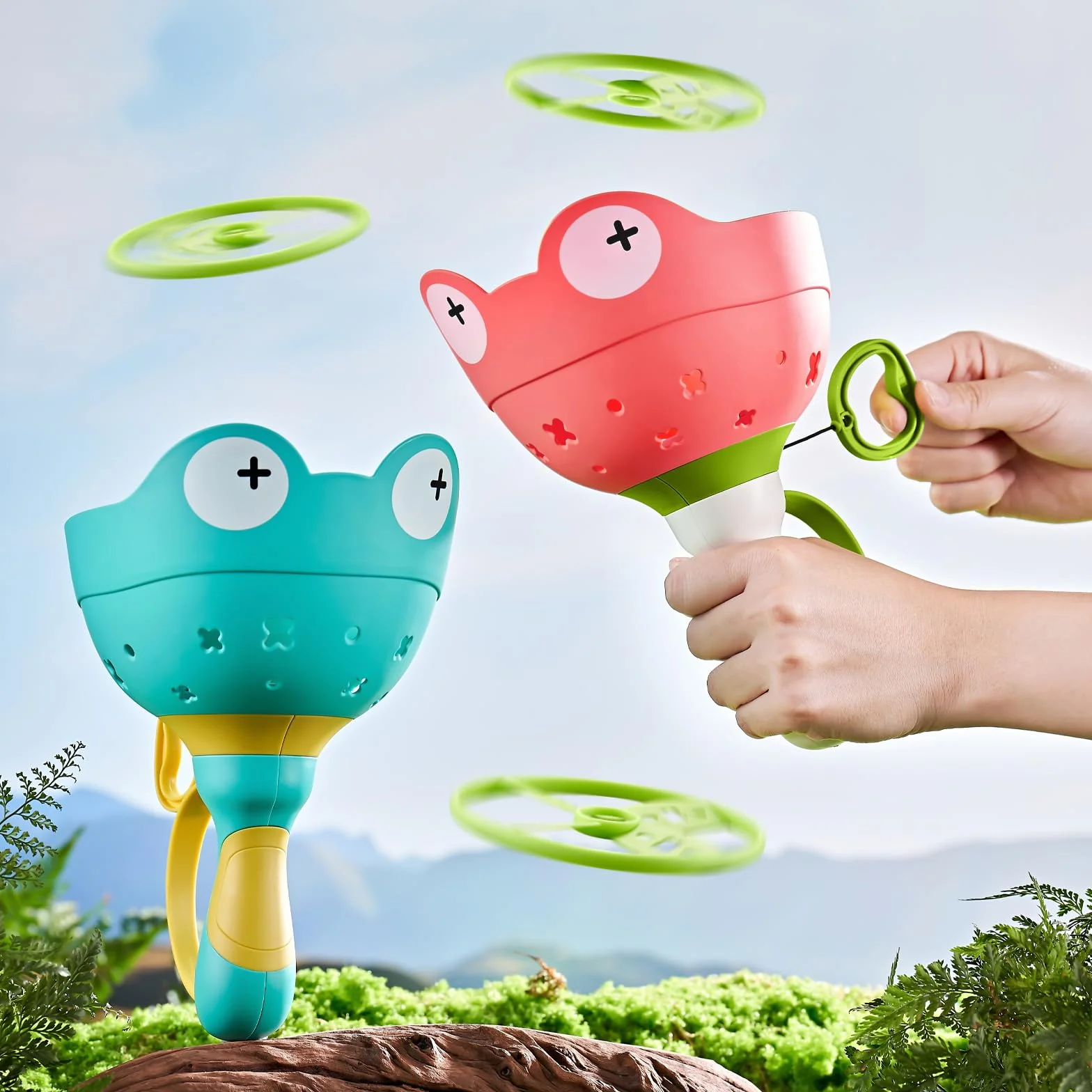 Manual Capture Game mit 12 Scheiben, Flying Disc Launcher Spielzeug, Outdoor-Spielzeug für Kinder 3-12