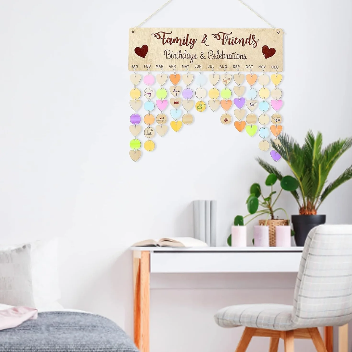 Calendrier Mural en Bois avec 100 Étiquettes pour Anniversaire, Décoration Murale Maison