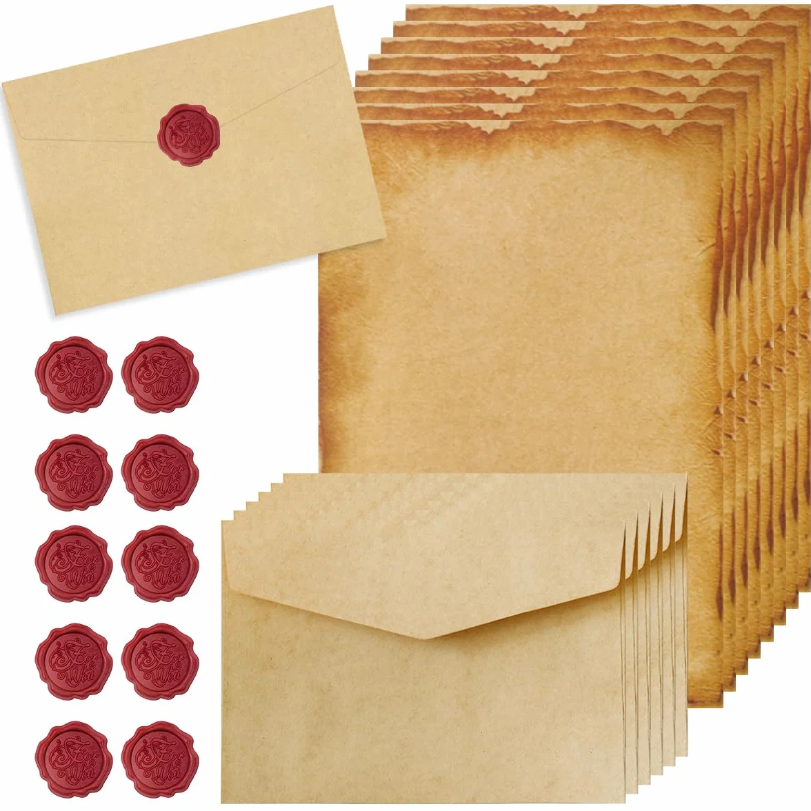 Ensemble De Papeterie Vintage 16 Papiers 10 Enveloppes Anciennes 10 Autocollants Sceau En Cire pour Mariages Invitations Cartes
