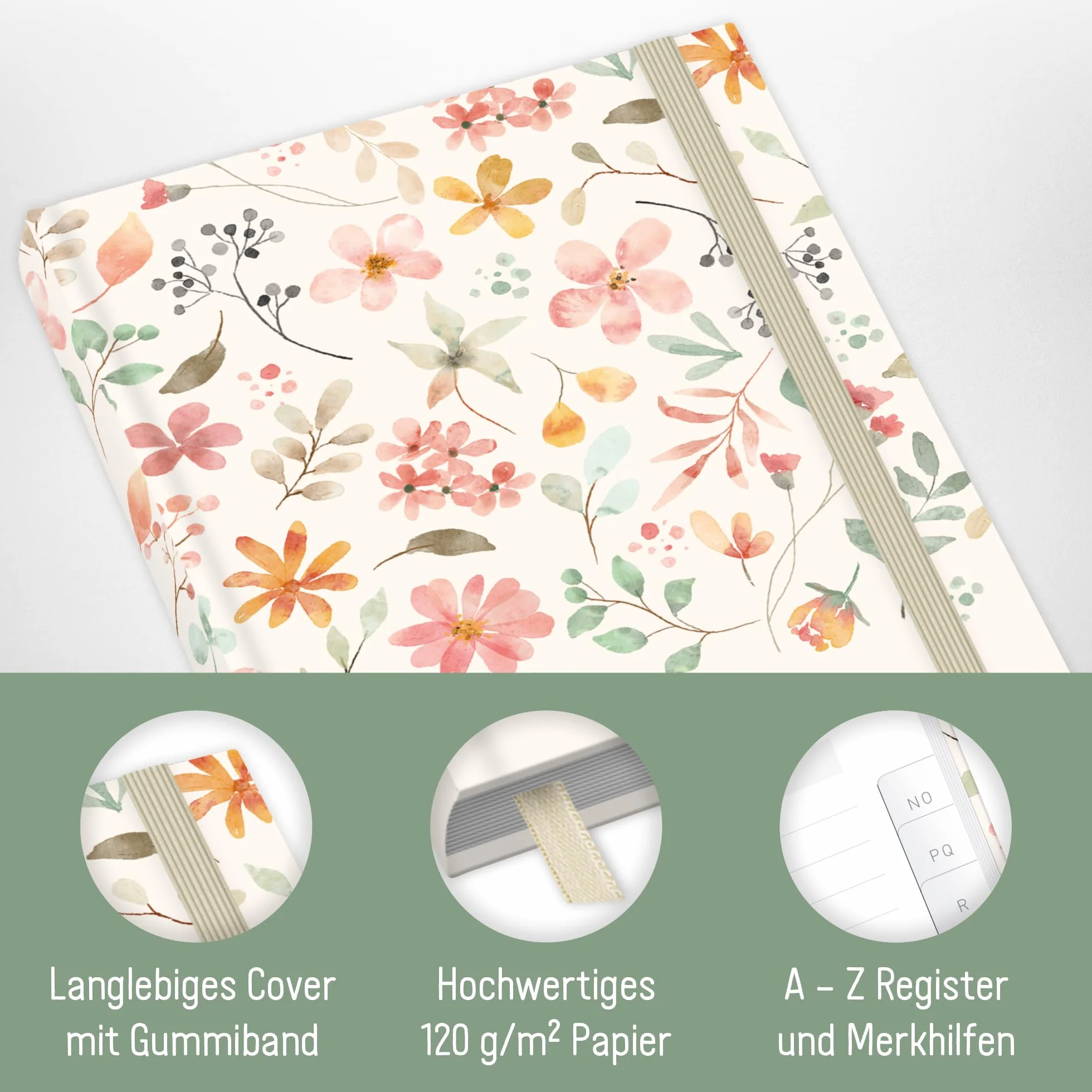 Paper&you Carnet d'adresses A6+ avec onglet A-Z et papier premium 120 g/m² Wild Blossoms - durable & respectueux au climat
