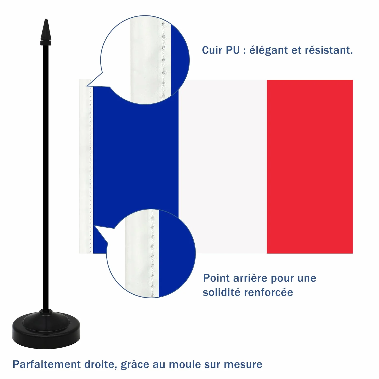 Ensemble de Drapeau Français de Table 21 x 14 CM avec Hampe et Socle 2 Pièces