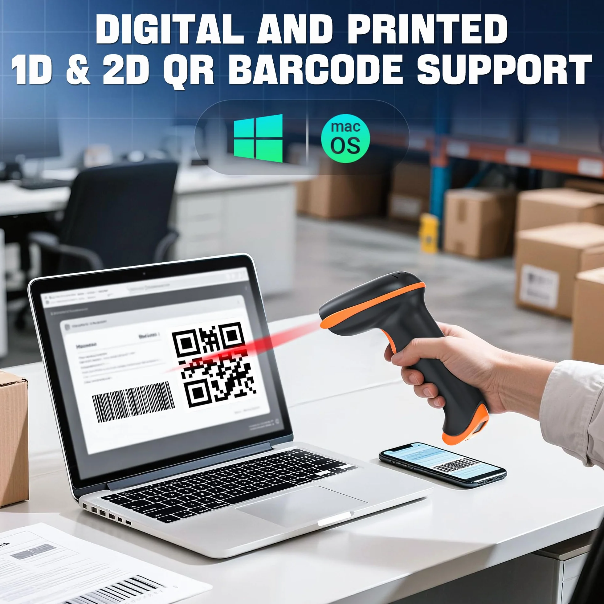 Tera D5100-CR Lecteur de Code Barre Mural sans Fil 2,4 GHz USB 2.0 Scanner Manuel 1D 2D QR avec Support Pliable