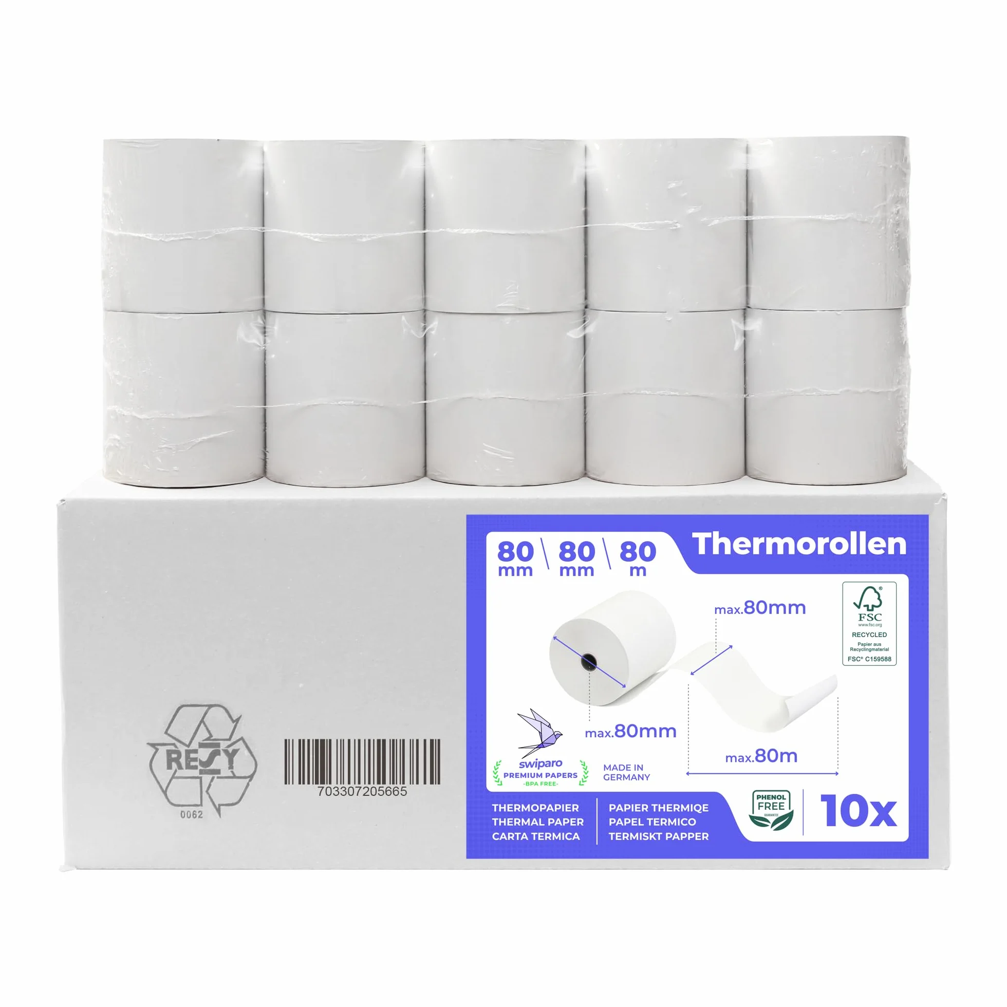 Rouleau Thermique 80x80x12 - Bobine 80mm x 80m x 12mm pour Imprimante - Sans BPA - Lot de 10
