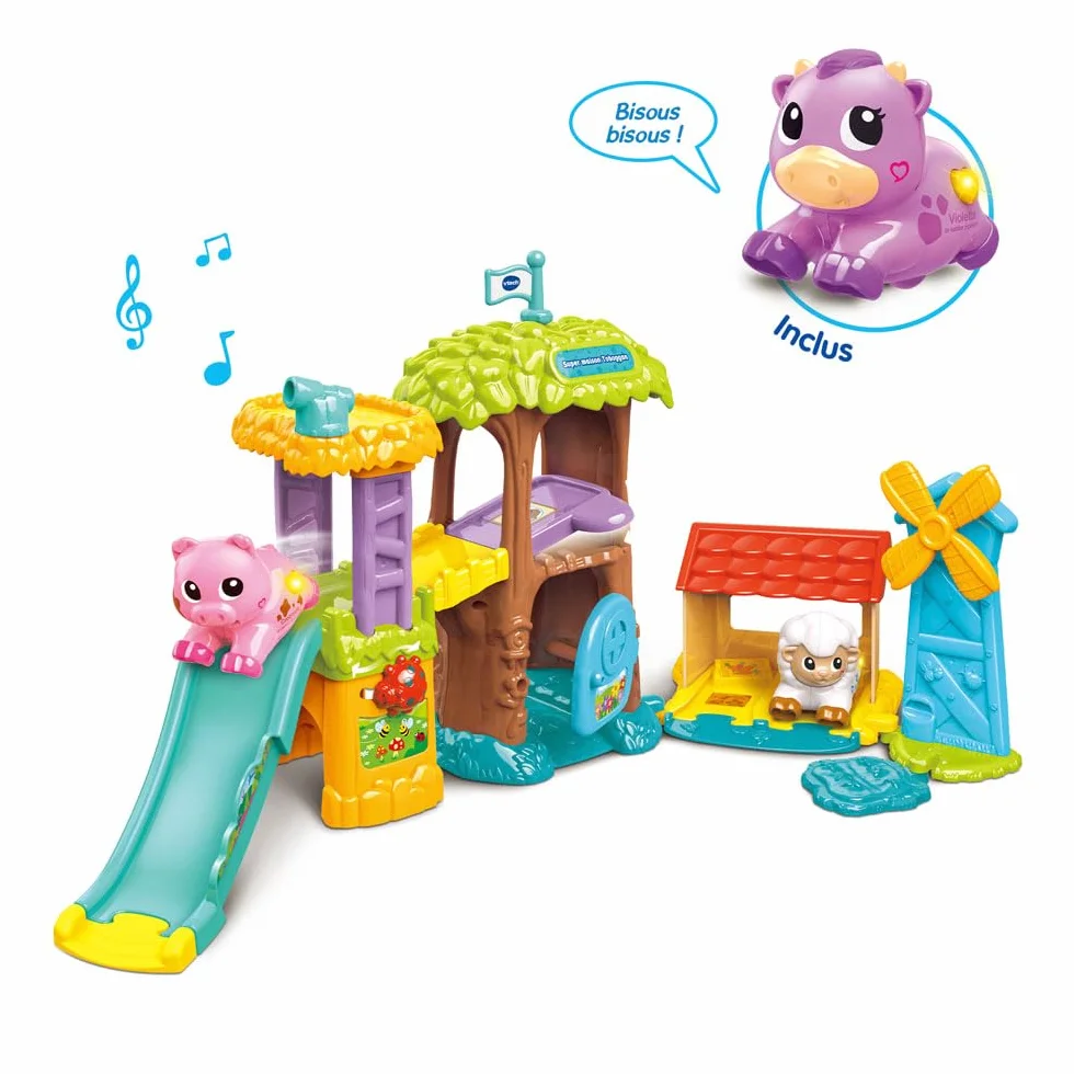 VTech Tut Tut Animo Bisous Super Maison Toboggan Ferme Jouet Enfant avec Violette Vache Pipelette Jouet Musical Sonore Cadeau 1 à 5 Ans Français