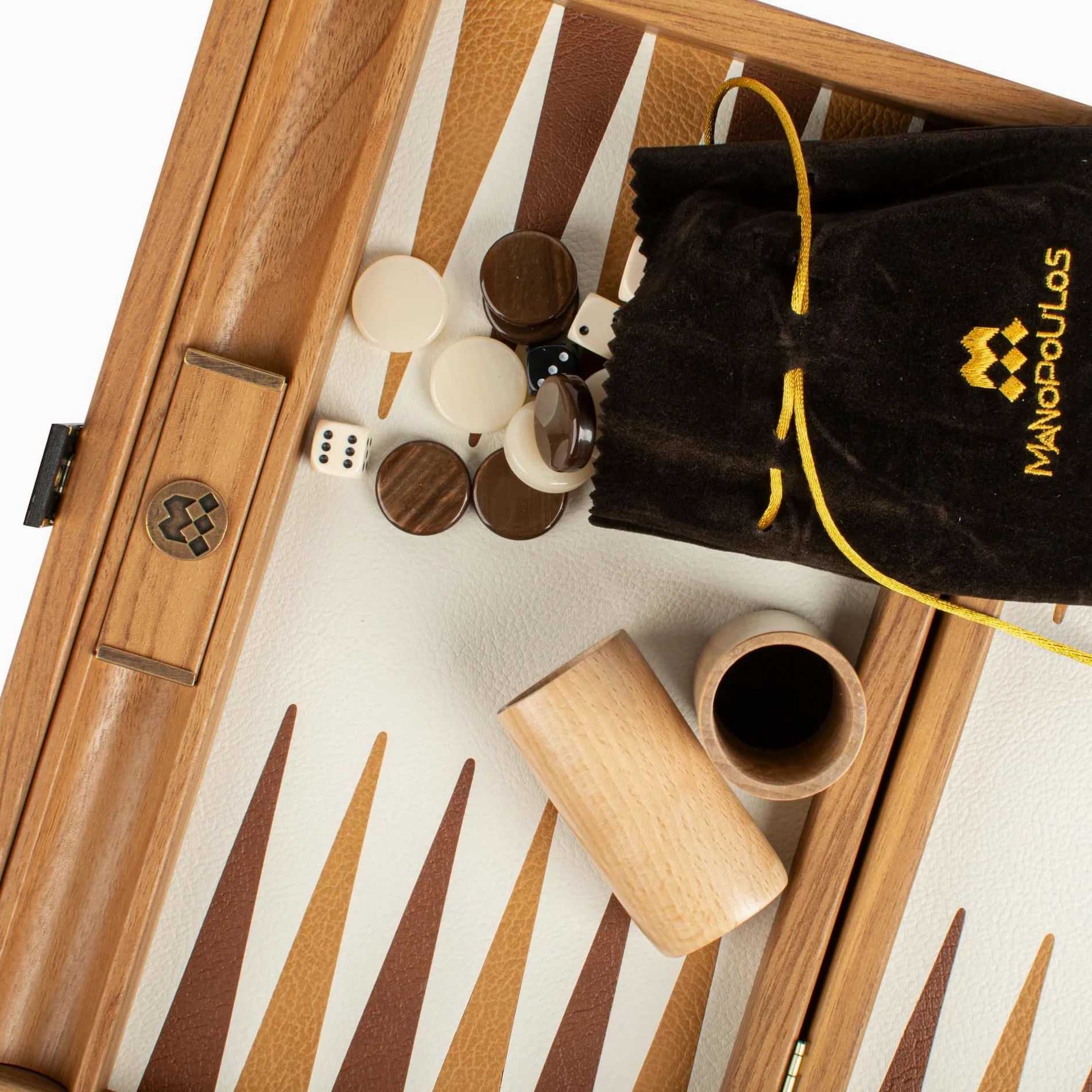 Manopoulos Ensemble de backgammon de luxe en cuir tricoté jaune moutarde (avec surface de jeu incrustée de cuir synthétique) à carreaux en acrylique – Ensemble haut de gamme fabriqué à la main en