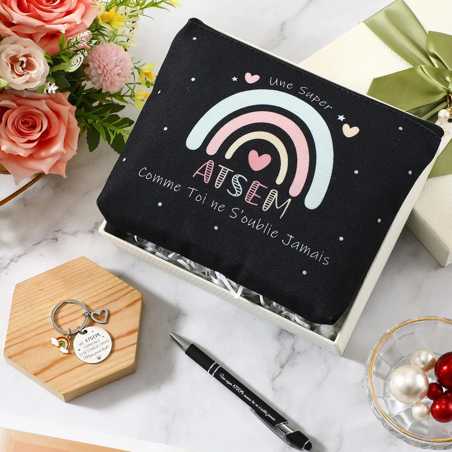Coffret Cadeau ATSEM 3 Pièces Trousse de Maquillage Porte-Clés Stylo à Bille