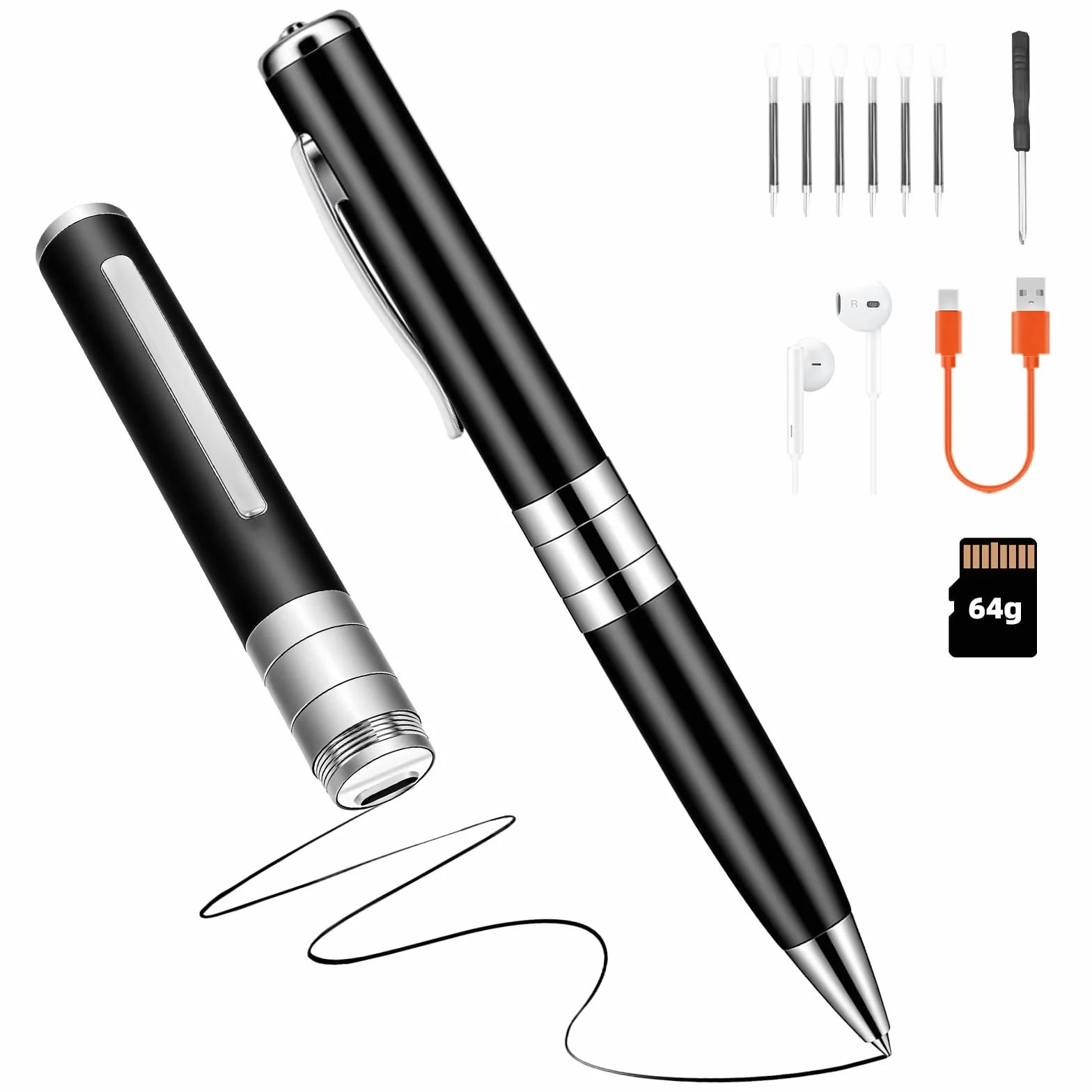 Enregistreur Vocal 64 Go Automatique Continu Activation Rotative Audio Invisible Cours Réunions Entretiens