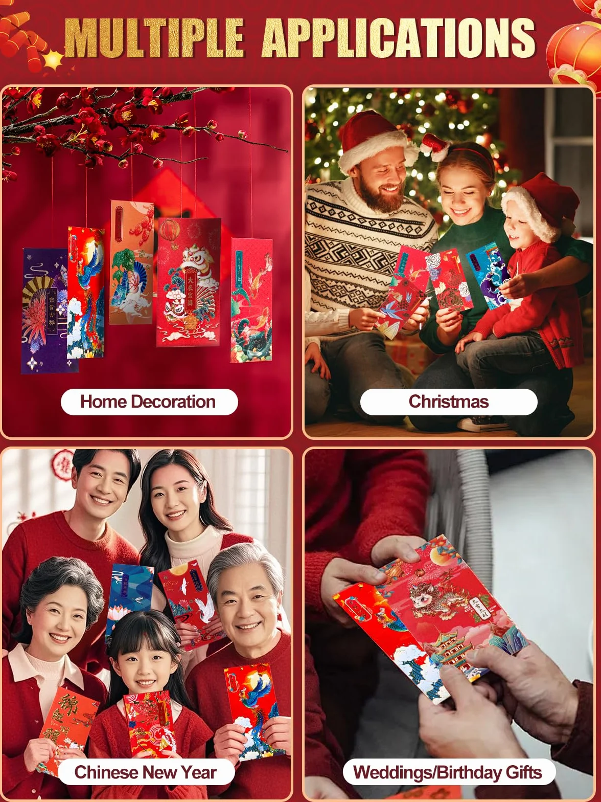 Lot de 60 enveloppes rouges porte-bonheur Hong Bao Nouvel An chinois motif bronze traditionnel