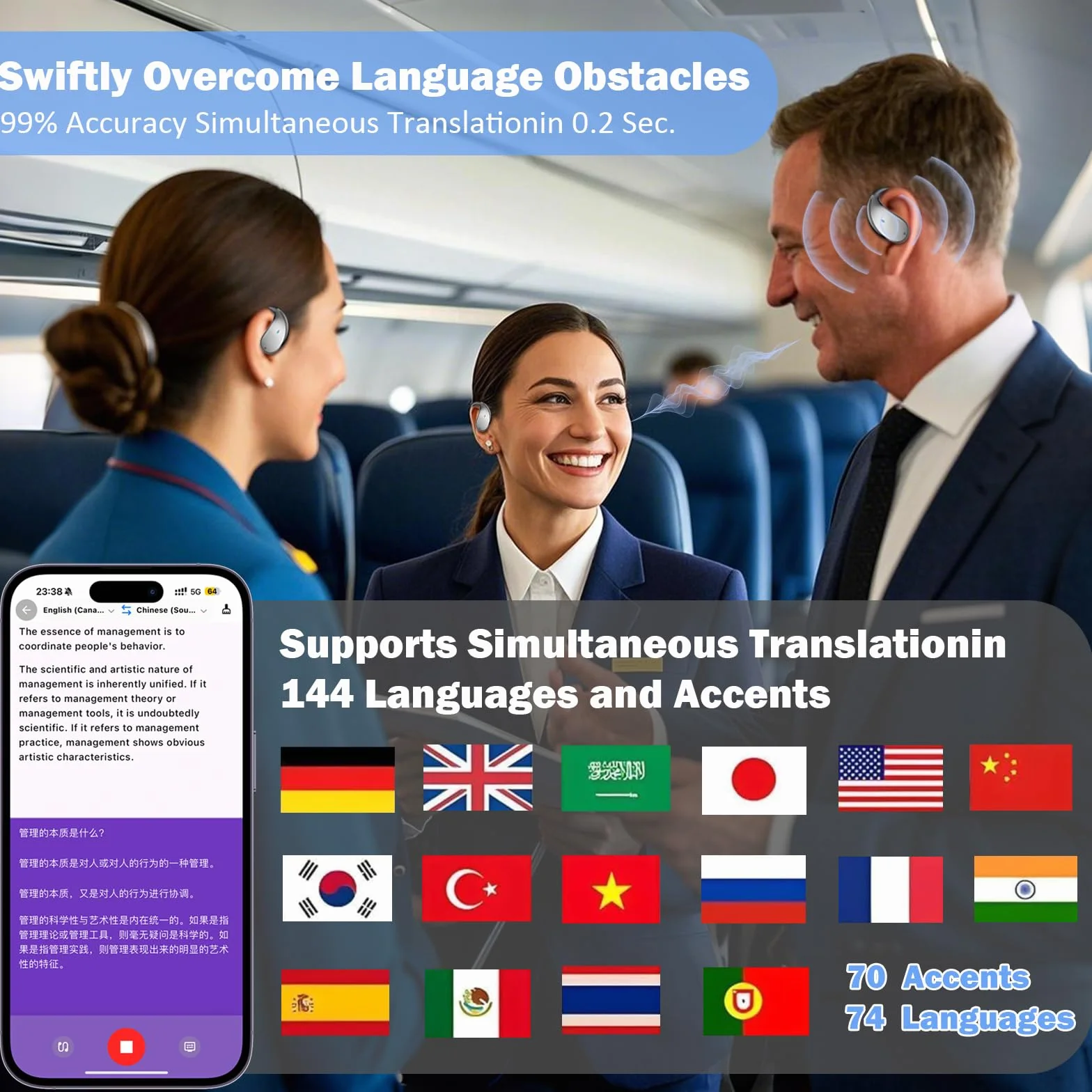 Casque de traduction en temps réel 3-en-1 avec 144 langues, Écouteurs traducteurs pour voyage et affaires