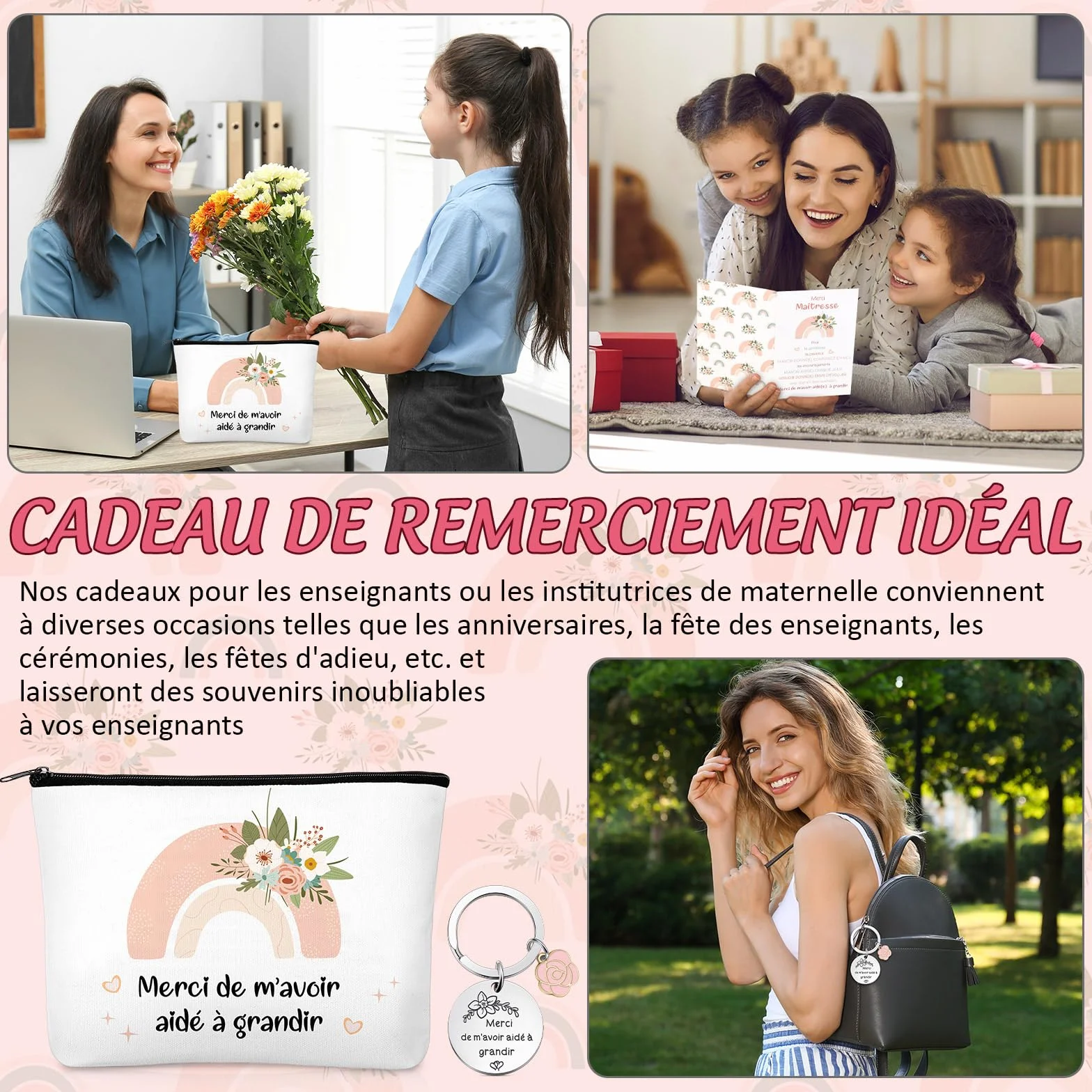 Cadeau de Remerciement pour Maîtresse Professeur 4 Pièces Trousse de Maquillage Porte-Clés Carte Arc-en-Ciel avec Enveloppe