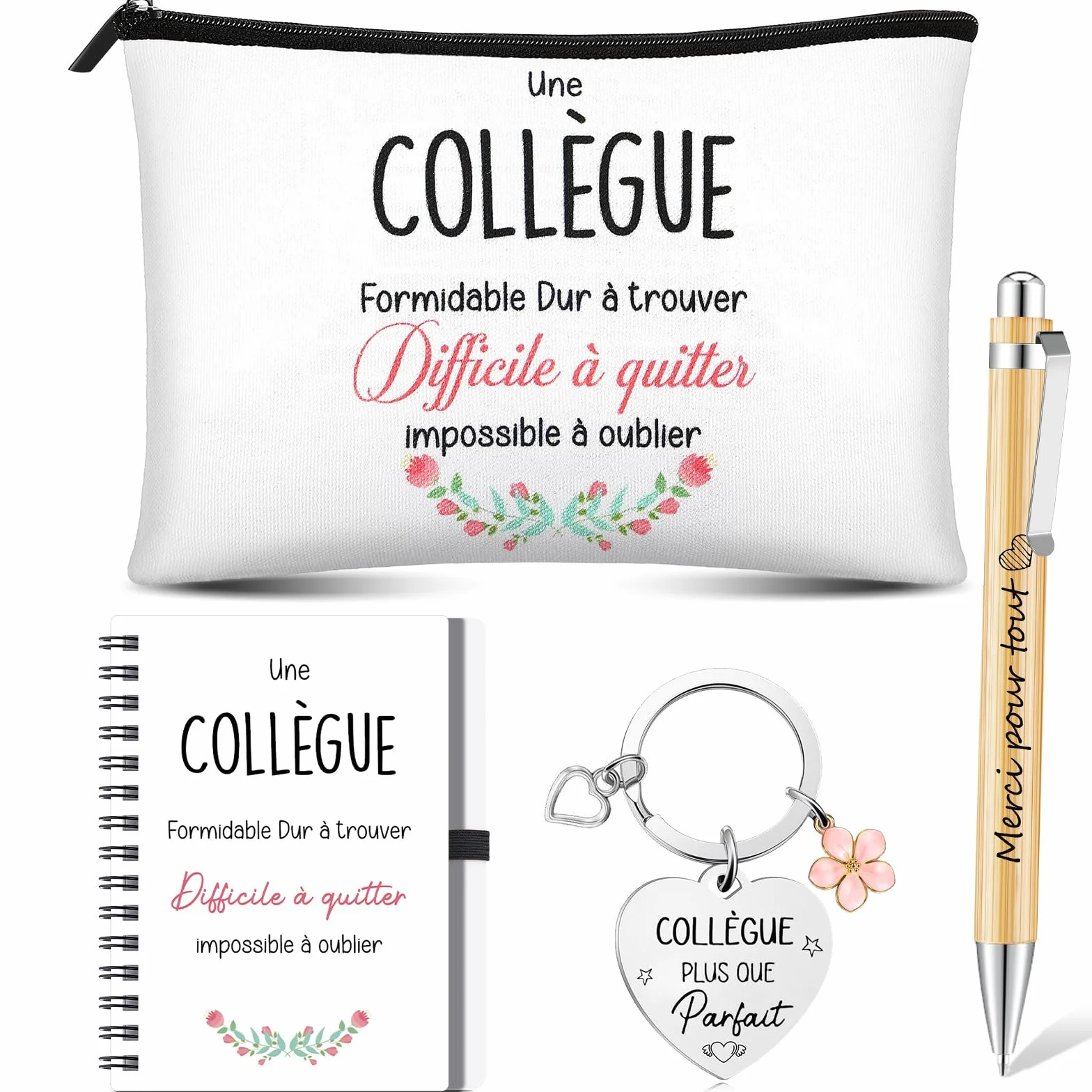 Hestya Set Cadeau Départ Collègue Femme 4 Pièces Pochette Maquillage Carnet Spirale Porte-Clés Stylo Bille