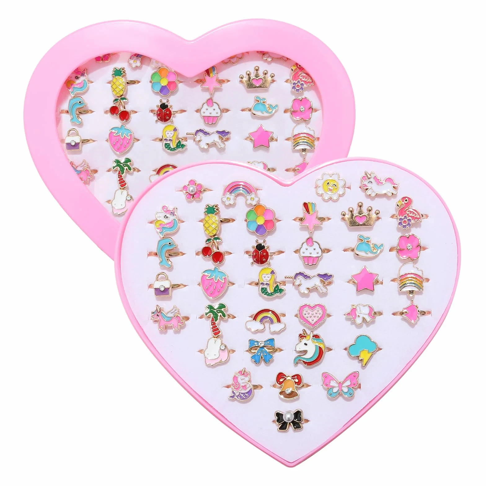 Bagues Enfant Fille Réglables en Métal Coloré, Dessin animé Motifs Aléatoires, Cadeau 4-12 Ans, Boîte Cœur Rose