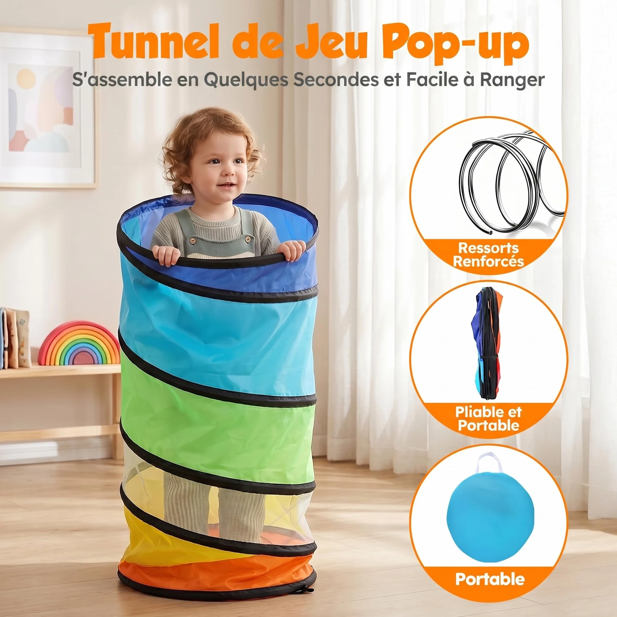 Tente de Jeux Tunnel Enfant 180 cm - Pliable Pop-up Exterieur Interieur avec Côtés en Maille - Parcours Motricité Bébé Cadeau