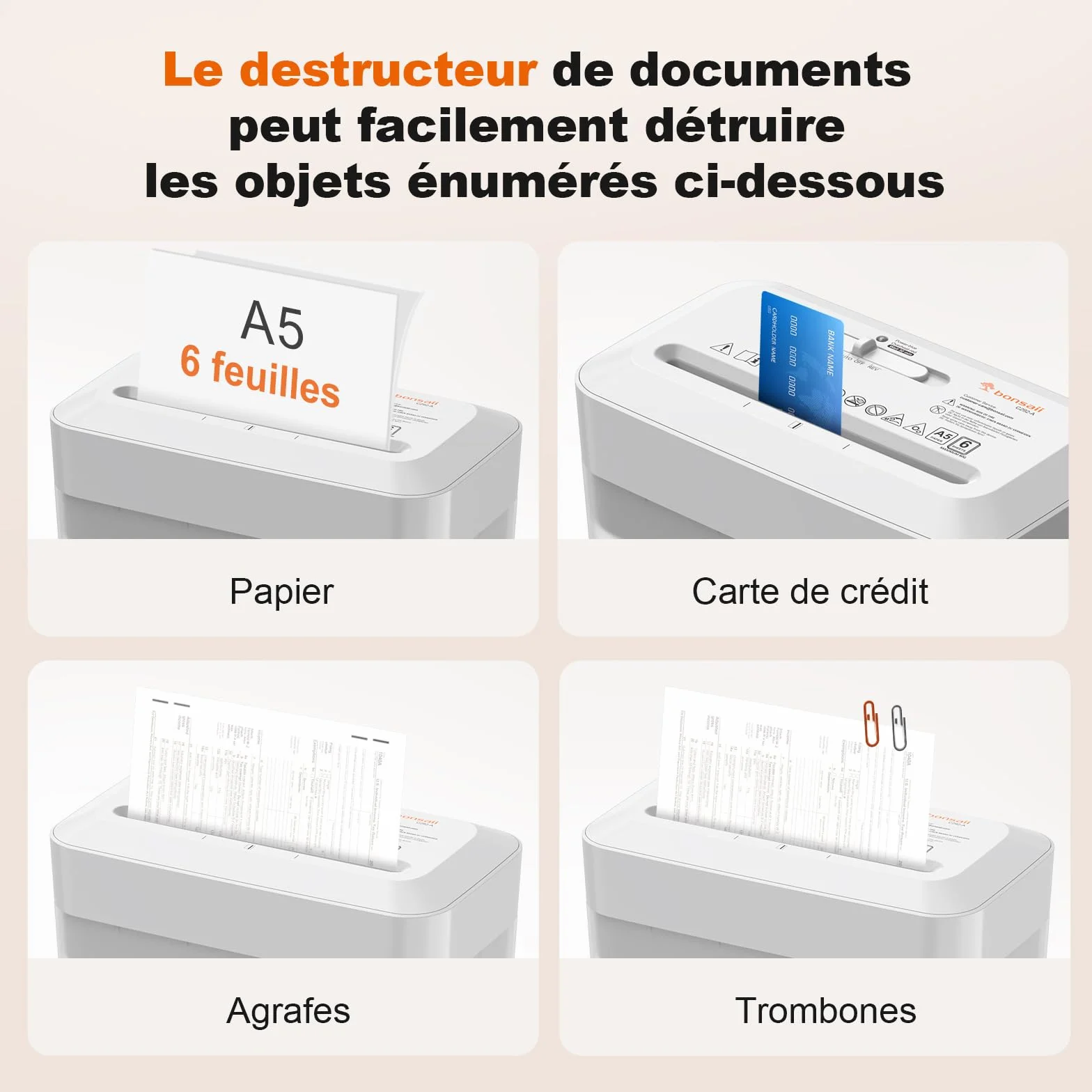 Bonsaii Destructeur de Documents Coupe Croisée 6 Feuilles A5 Haute Sécurité P-4 Bac 6L C292-A