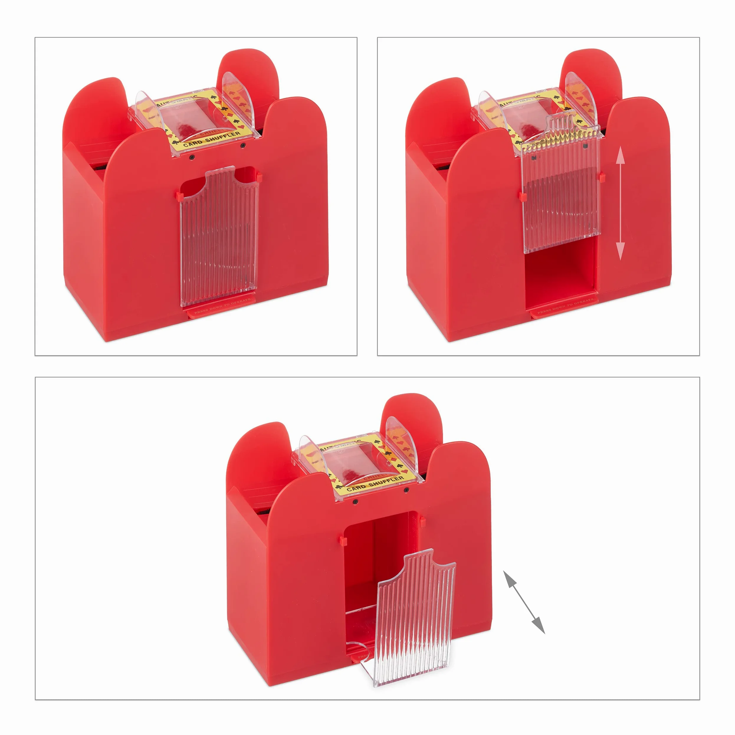 Relaxdays Mélangeur de Cartes, 6 Jeux, Automatique, Cartes jusqu'à 91 mm, Appareil à mélanger Carte, Plastique, Rouge