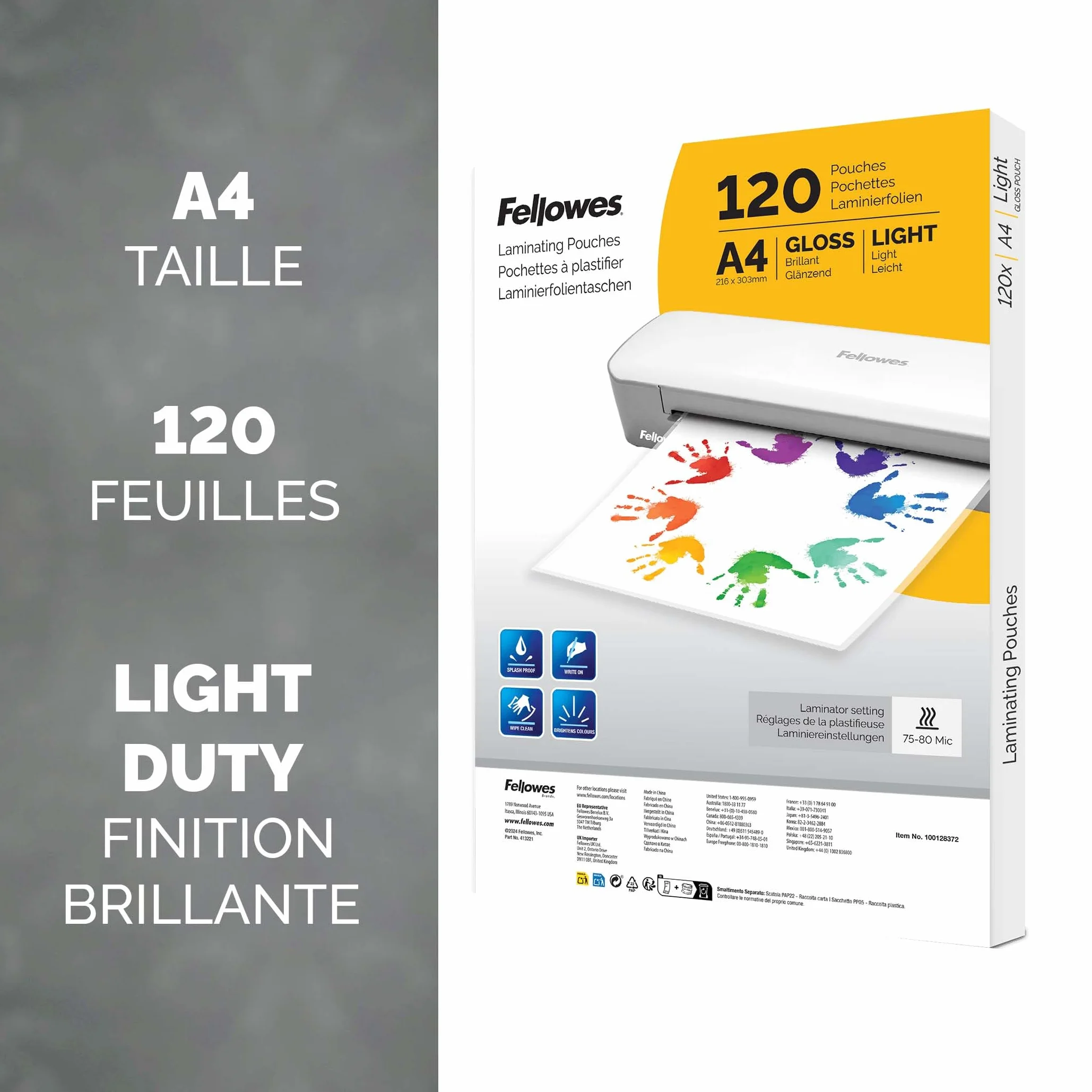 Fellowes 120 pochettes de plastification A4 brillante pour documents et photos